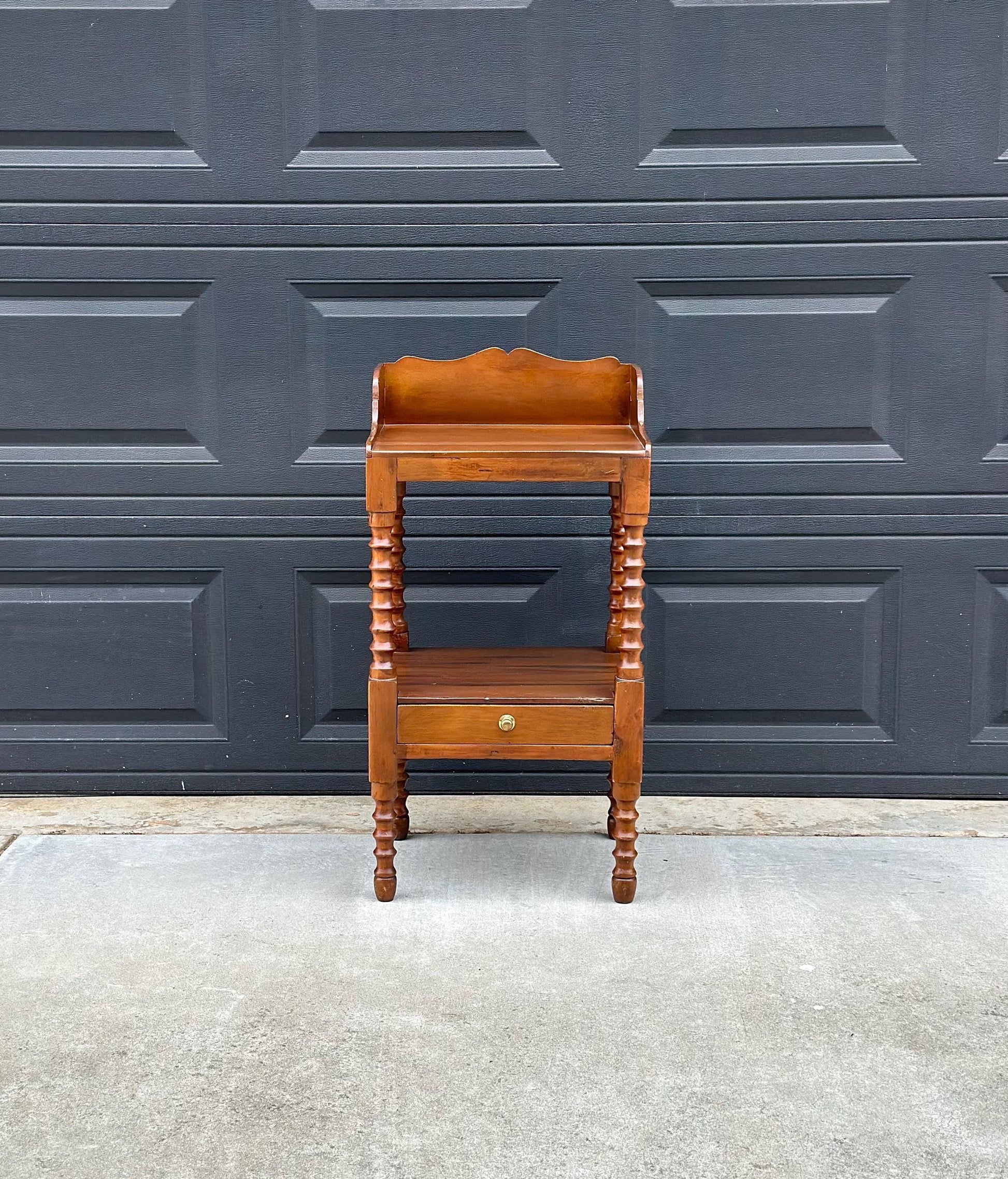 Antique Early 1900's Spindle Leg Solid Wood Two Tier Single Drawer Side Table