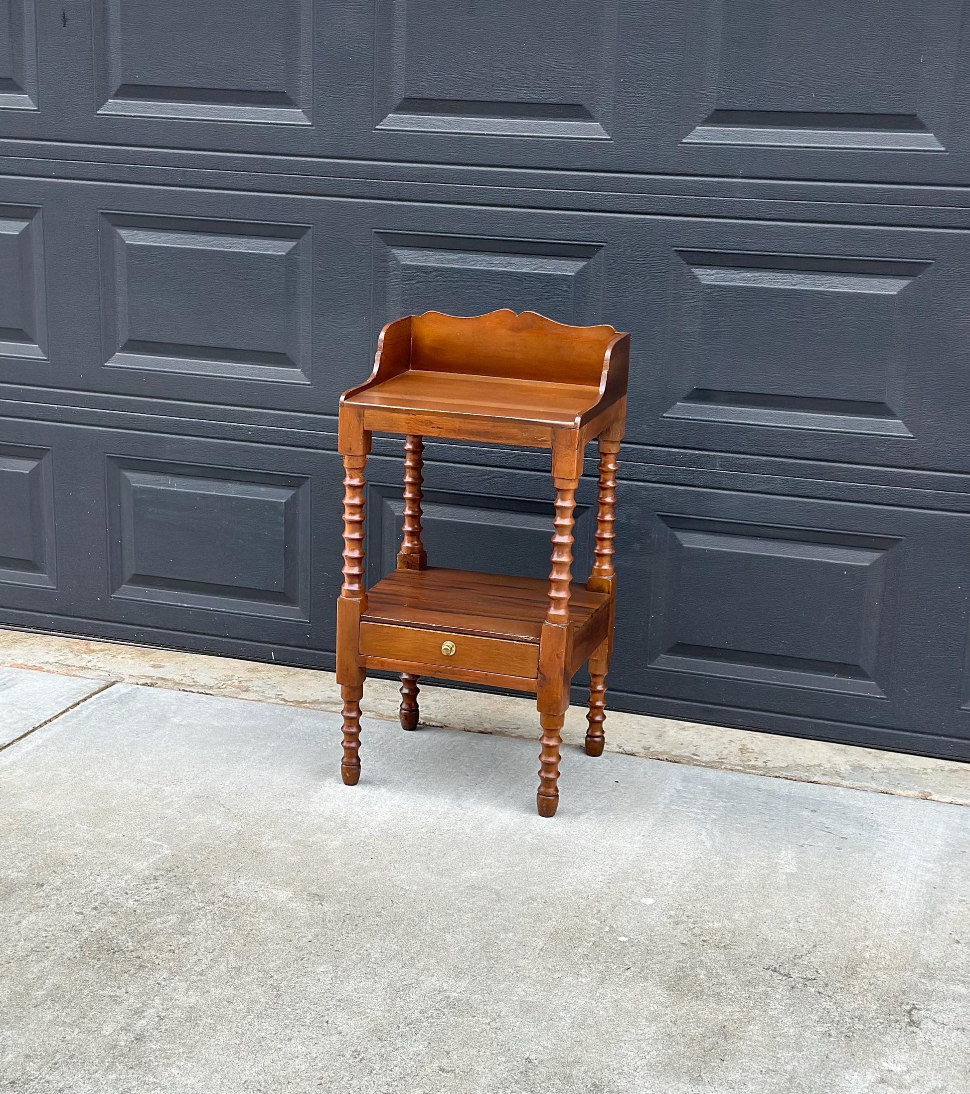Antique Early 1900's Spindle Leg Solid Wood Two Tier Single Drawer Side Table