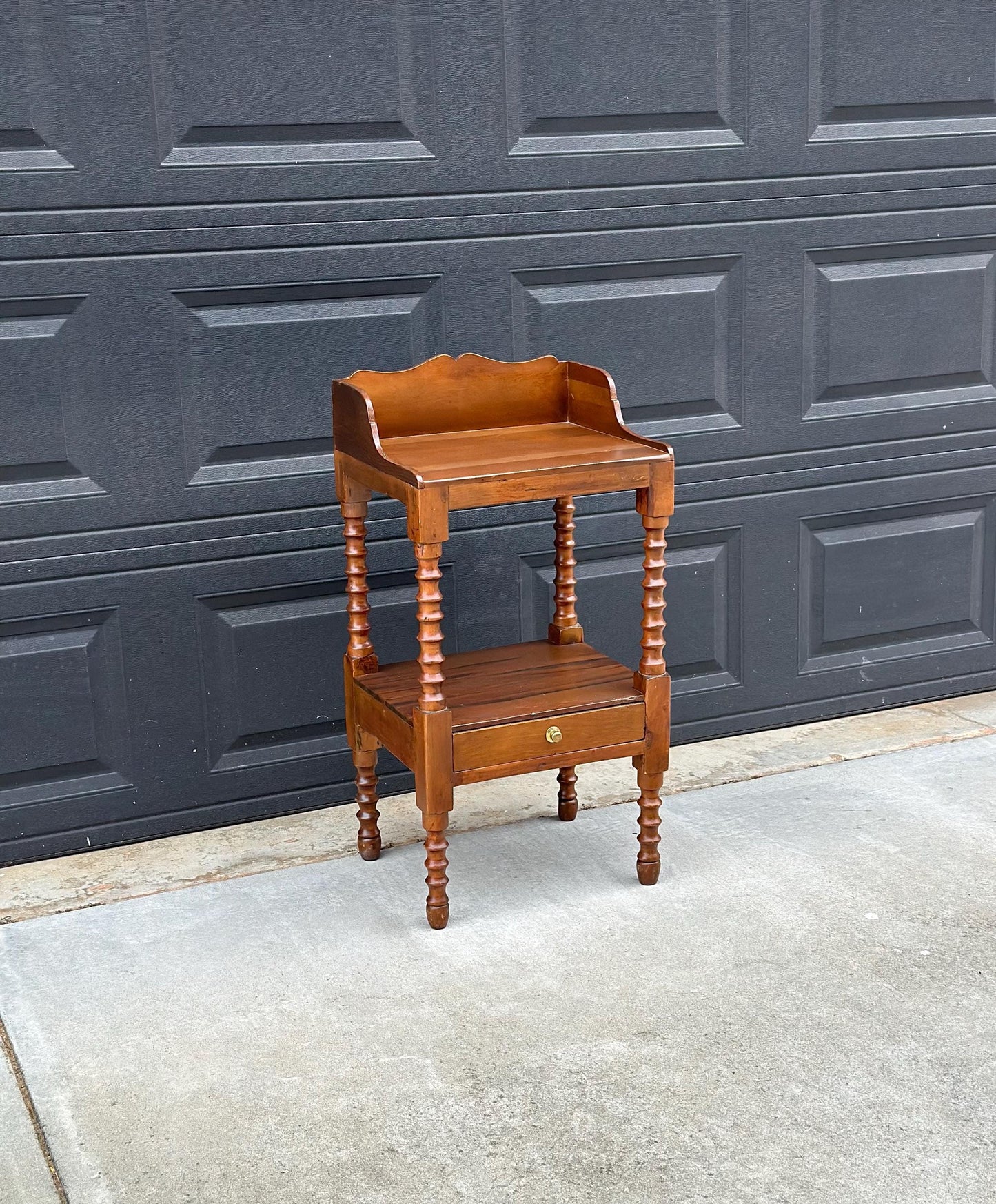 Antique Early 1900's Spindle Leg Solid Wood Two Tier Single Drawer Side Table