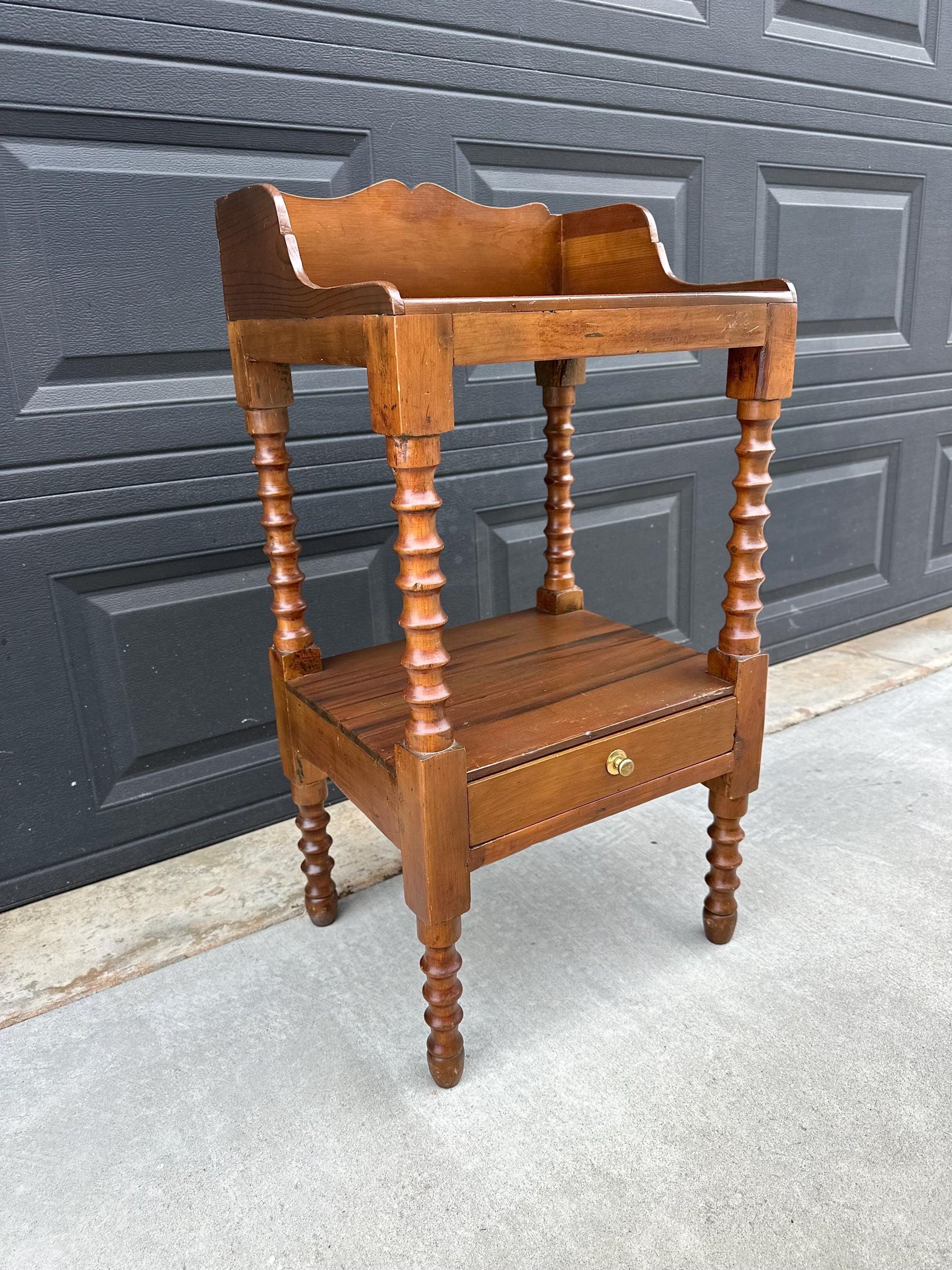 Antique Early 1900's Spindle Leg Solid Wood Two Tier Single Drawer Side Table