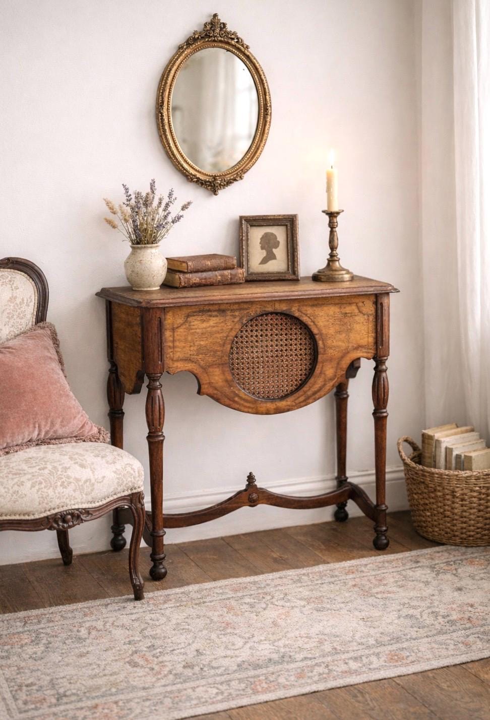 Antique Early 1900's Solid Wood Walnut & Cane Medallion English Hall Entry Table