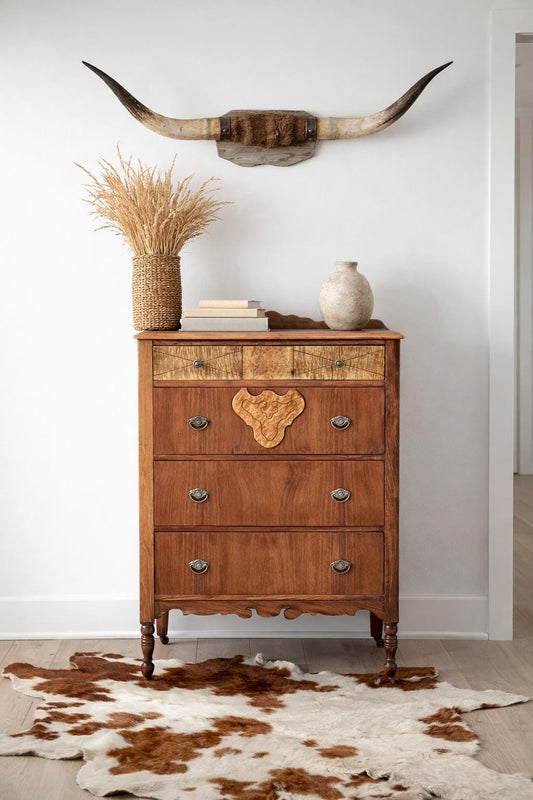Antique Late 1800's Solid Black Cherry & Burl Maple Wood Four Drawer Tallboy Dresser on Casters
