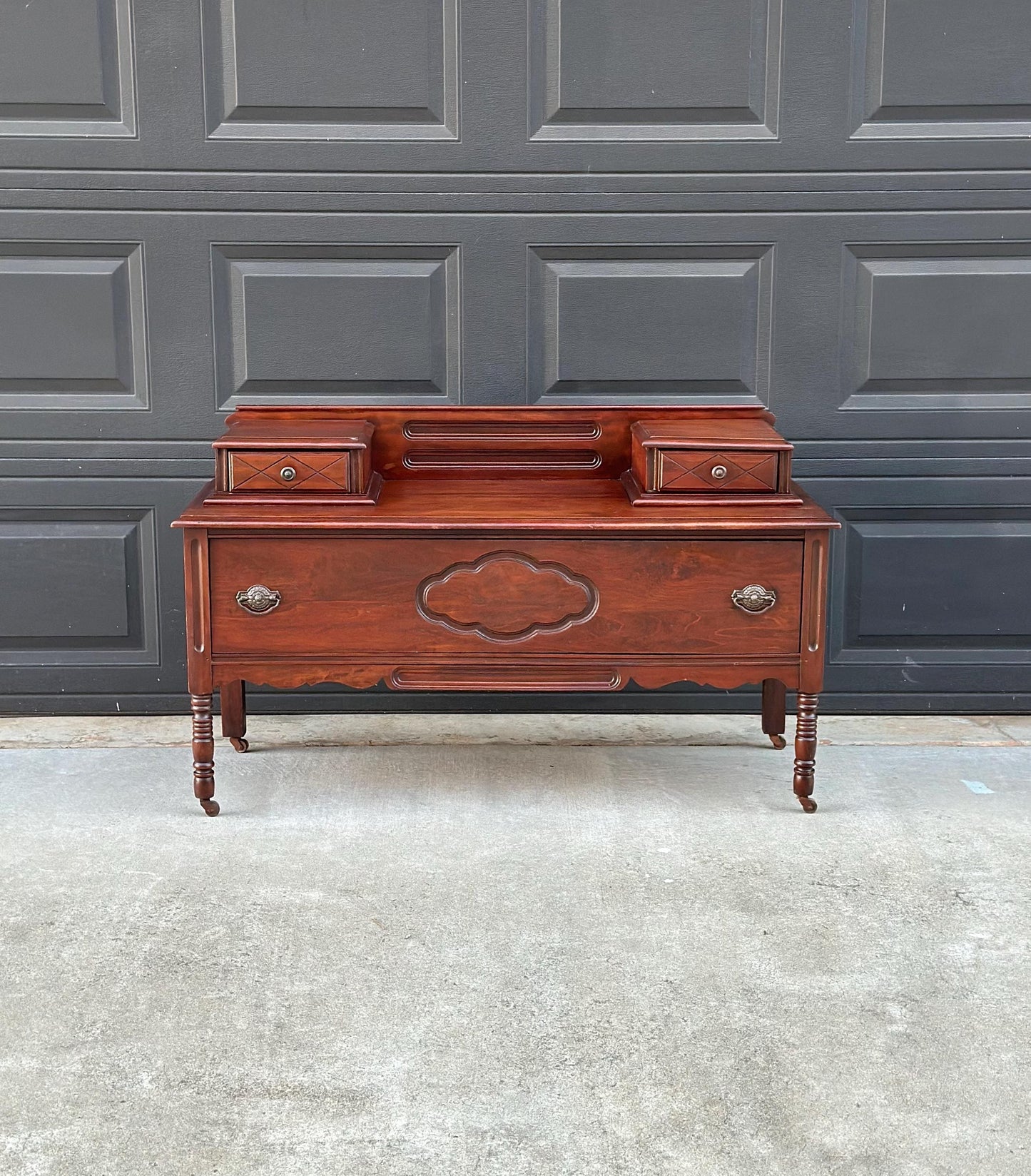 Antique Early 1900's Solid Wood Blanket Chest - Turned Leg Mahogany Princess Low Dresser on Casters