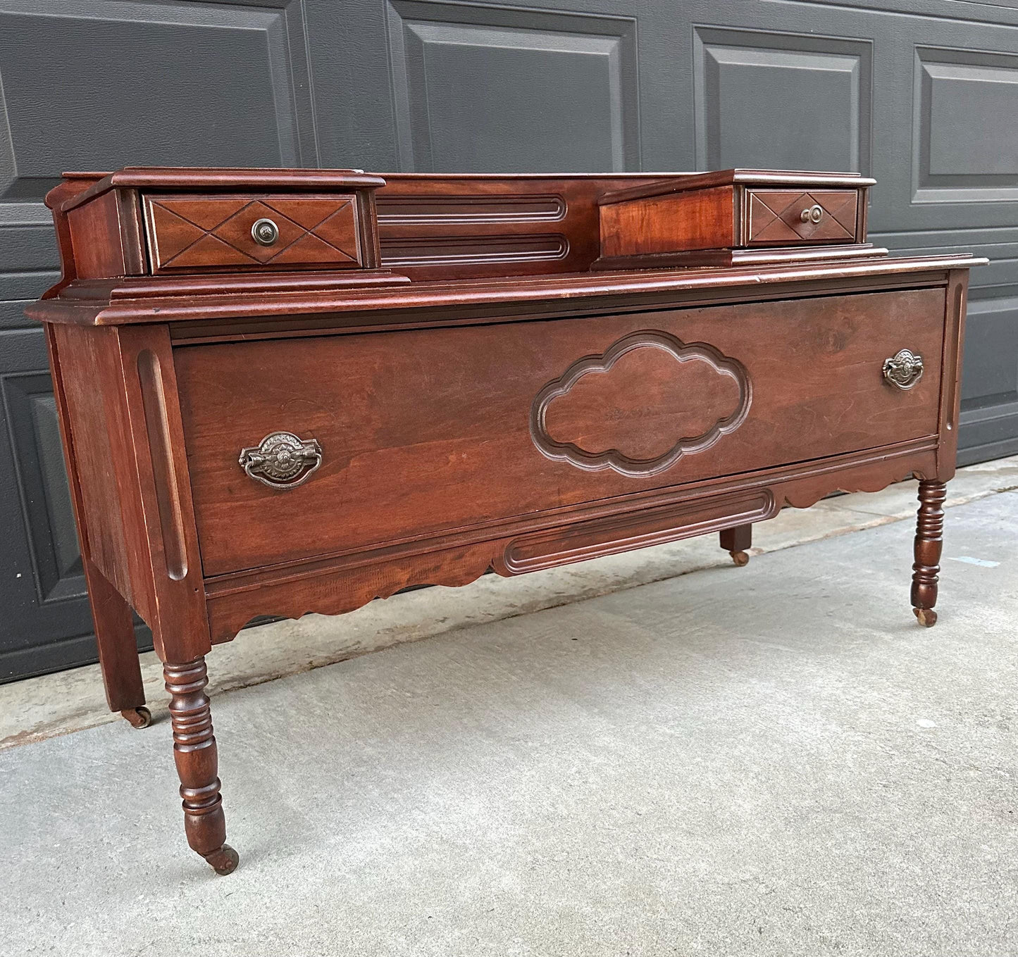 Antique Early 1900's Solid Wood Blanket Chest - Turned Leg Mahogany Princess Low Dresser on Casters