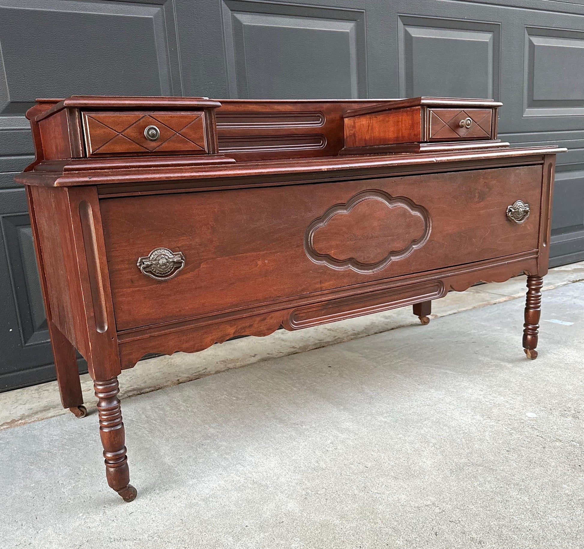 Antique Early 1900's Solid Wood Blanket Chest - Turned Leg Mahogany Princess Low Dresser on Casters