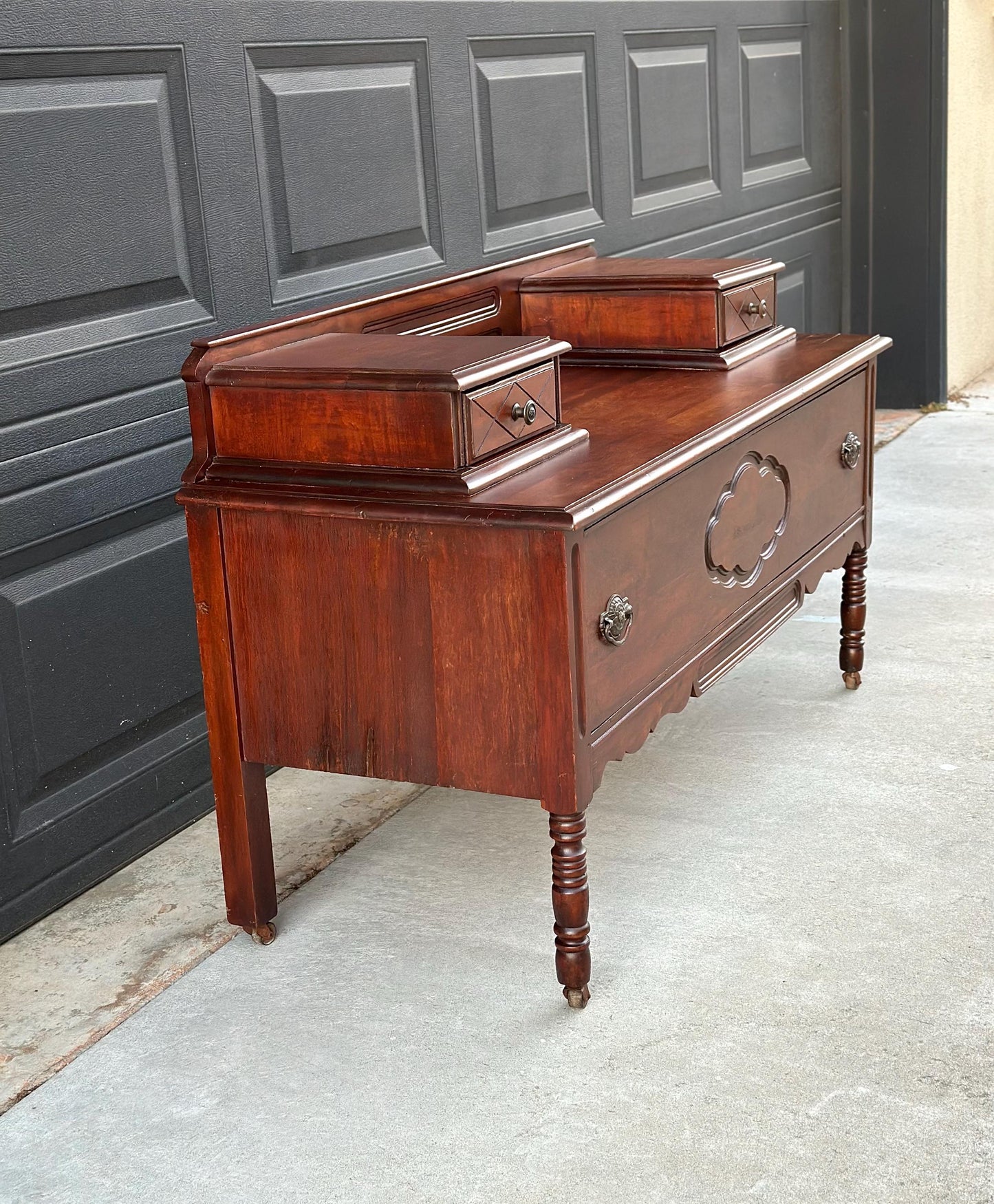 Antique Early 1900's Solid Wood Blanket Chest - Turned Leg Mahogany Princess Low Dresser on Casters