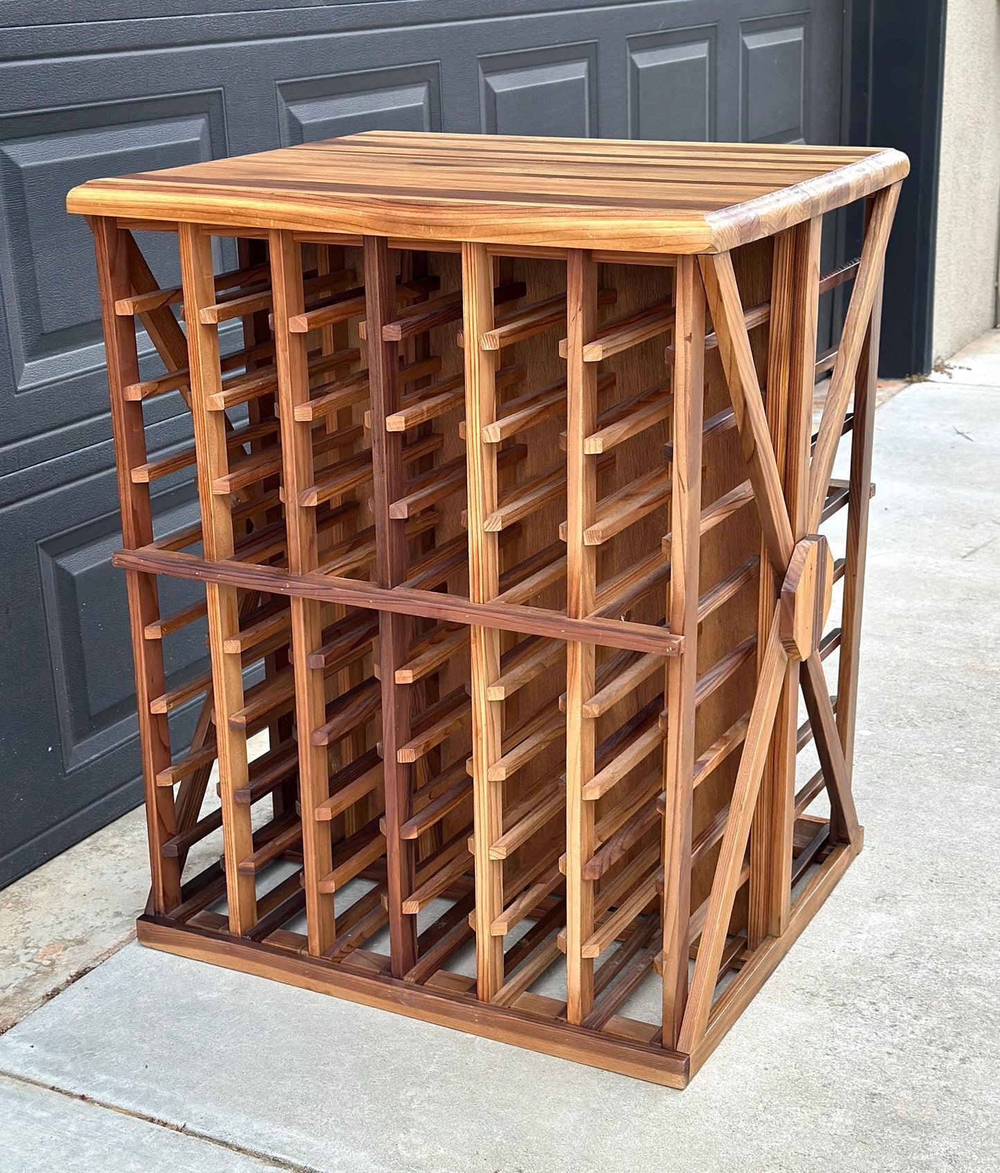 Vintage 100+ Bottle Storage Natural Solid Wood Bar Height Tasting Table - Large Geometric Wine Rack Table