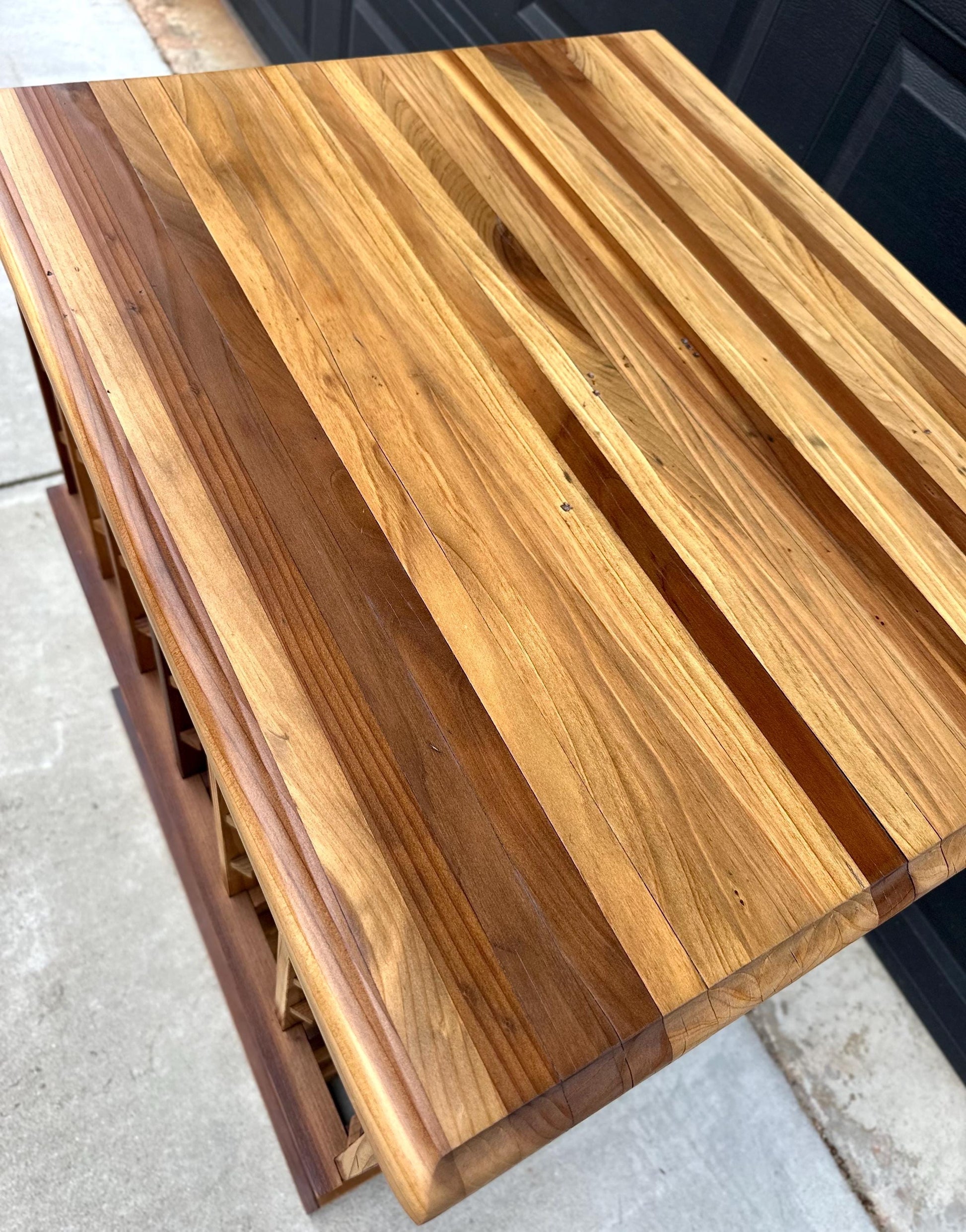 Vintage 100+ Bottle Storage Natural Solid Wood Bar Height Tasting Table - Large Geometric Wine Rack Table