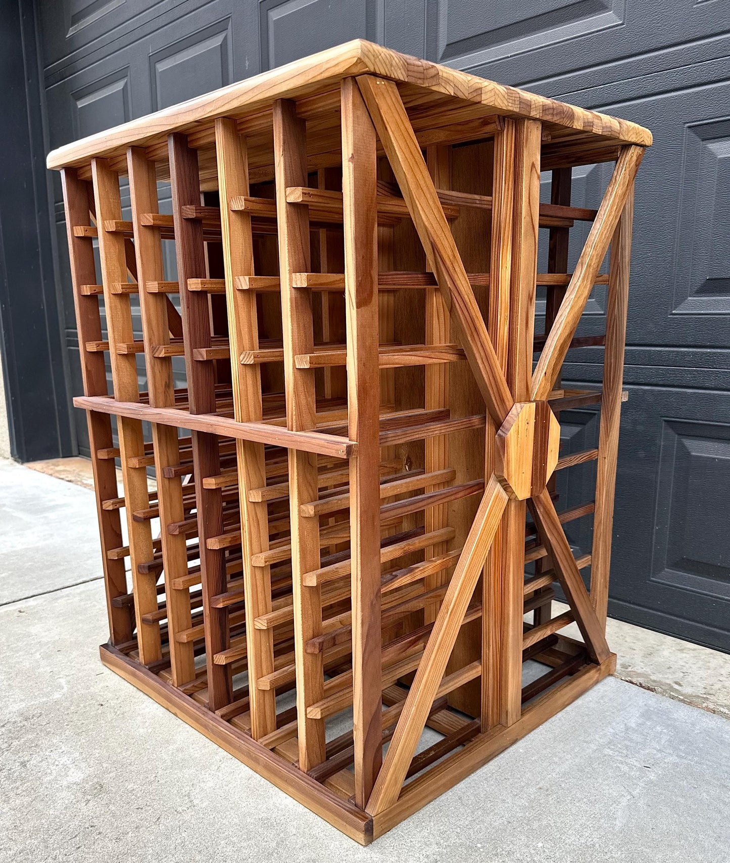 Vintage 100+ Bottle Storage Natural Solid Wood Bar Height Tasting Table - Large Geometric Wine Rack Table