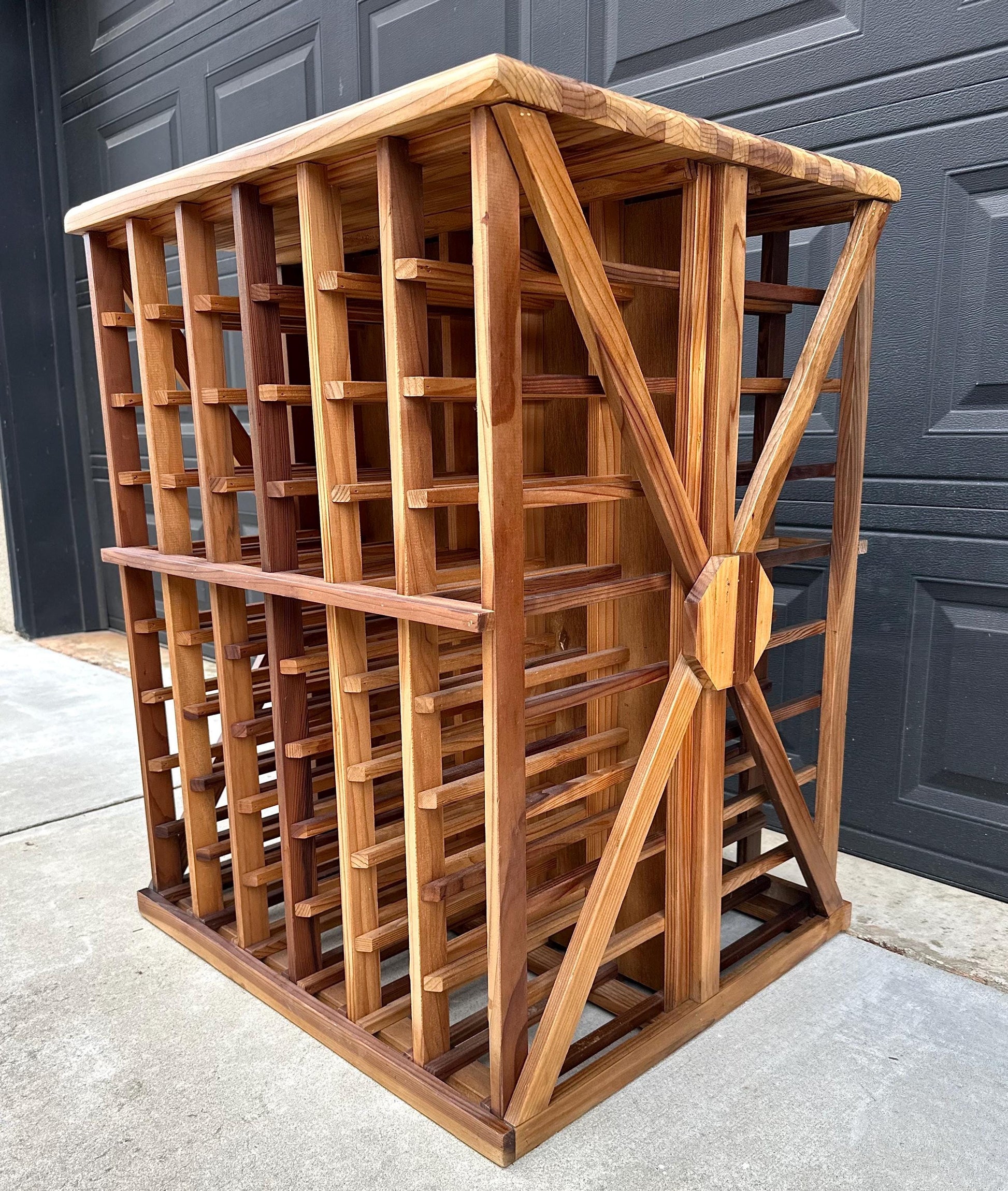 Vintage 100+ Bottle Storage Natural Solid Wood Bar Height Tasting Table - Large Geometric Wine Rack Table