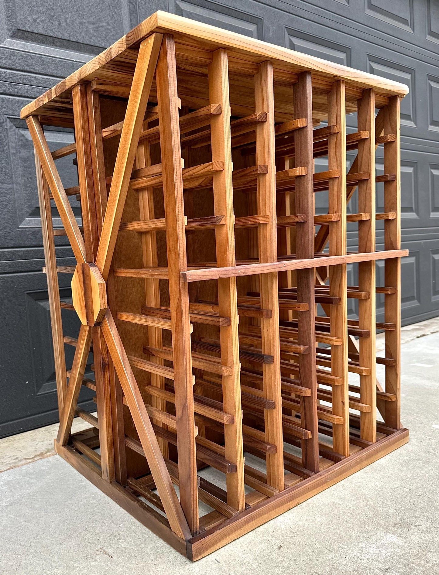 Vintage 100+ Bottle Storage Natural Solid Wood Bar Height Tasting Table - Large Geometric Wine Rack Table