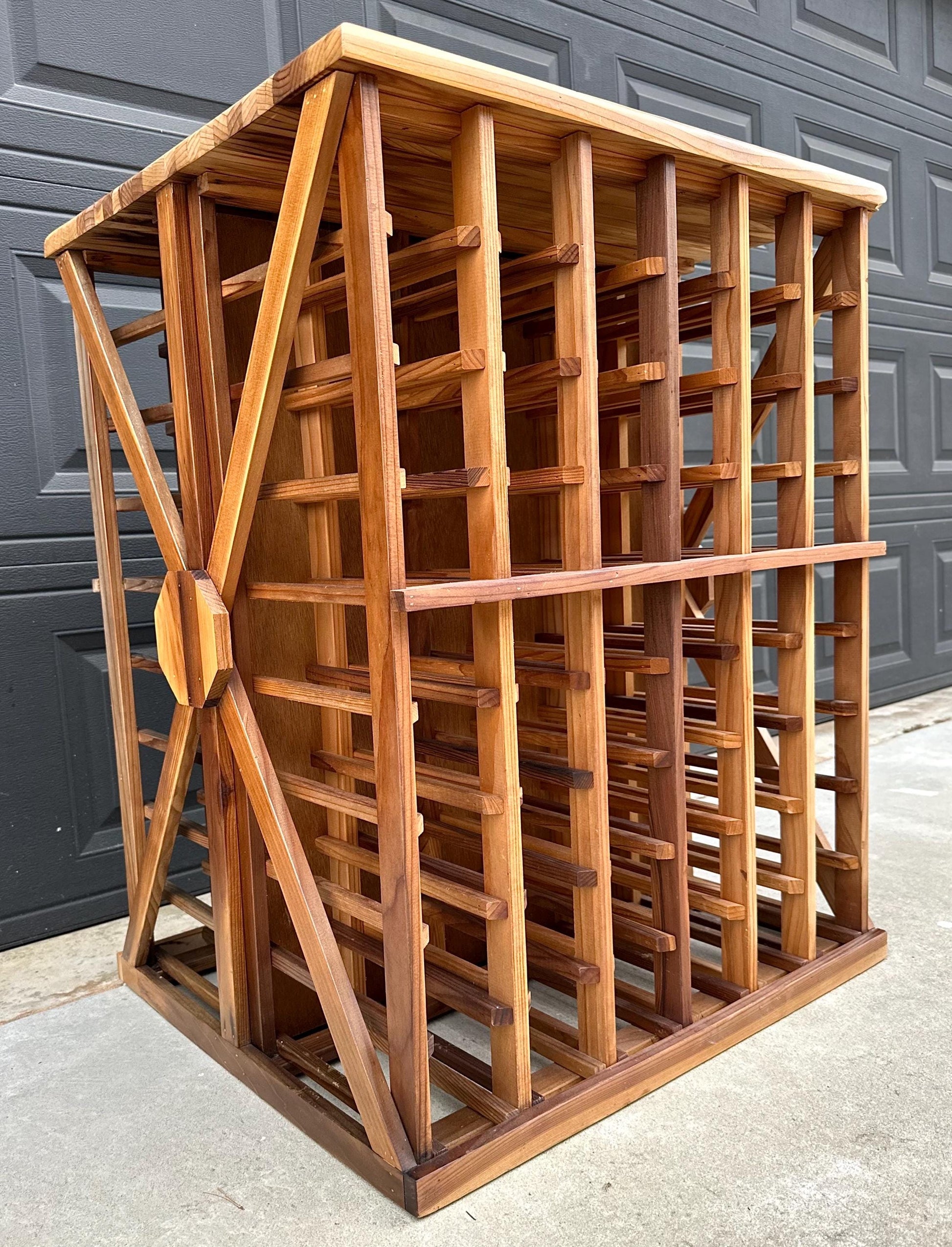 Vintage 100+ Bottle Storage Natural Solid Wood Bar Height Tasting Table - Large Geometric Wine Rack Table