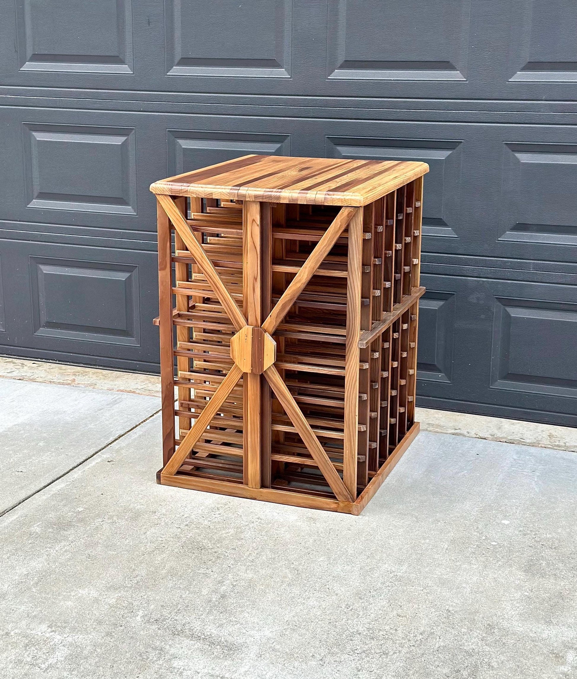 Vintage 100+ Bottle Storage Natural Solid Wood Bar Height Tasting Table - Large Geometric Wine Rack Table