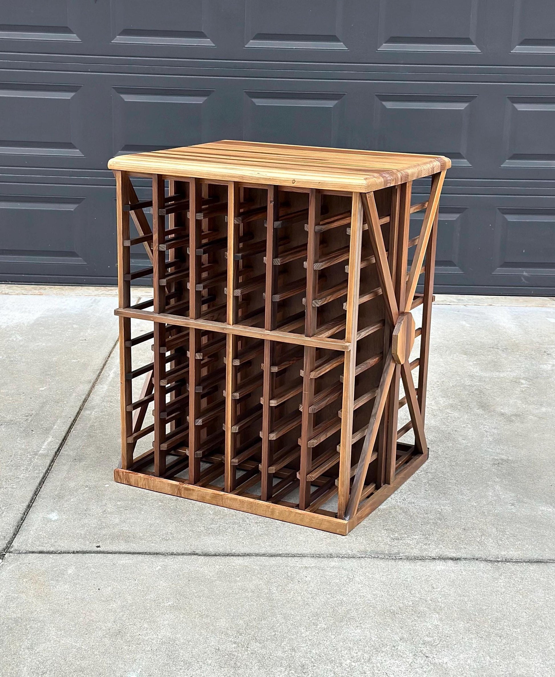 Vintage 100+ Bottle Storage Natural Solid Wood Bar Height Tasting Table - Large Geometric Wine Rack Table