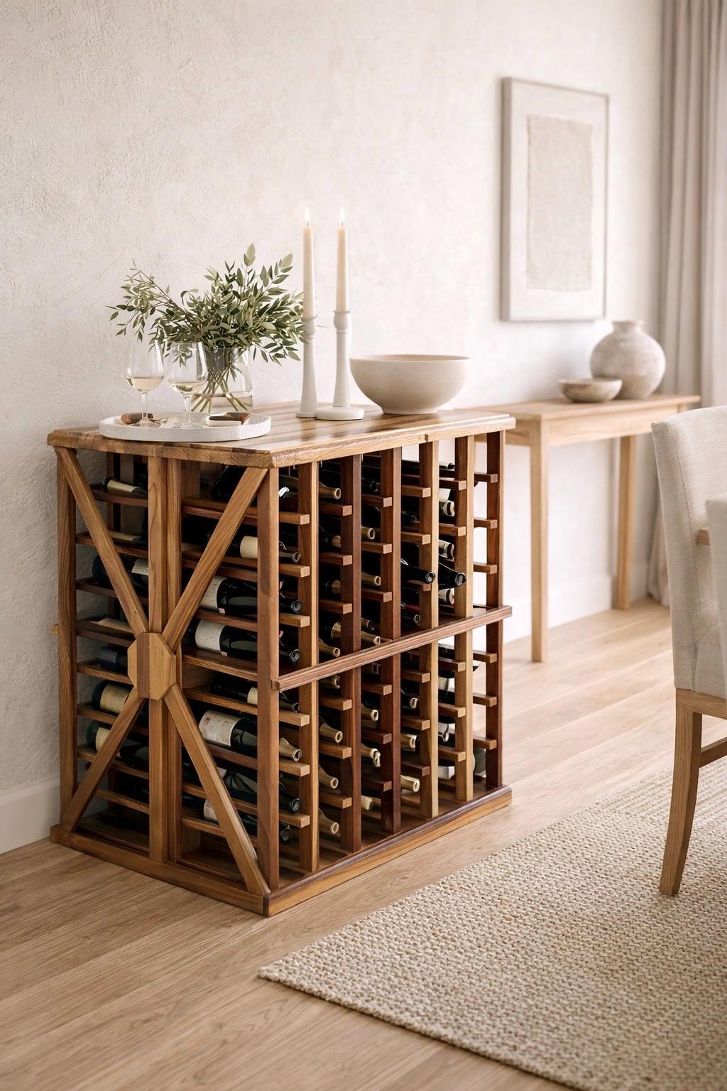 Vintage 100+ Bottle Storage Natural Solid Wood Bar Height Tasting Table - Large Geometric Wine Rack Table