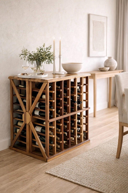 Vintage 100+ Bottle Storage Natural Solid Wood Bar Height Tasting Table - Large Geometric Wine Rack Table