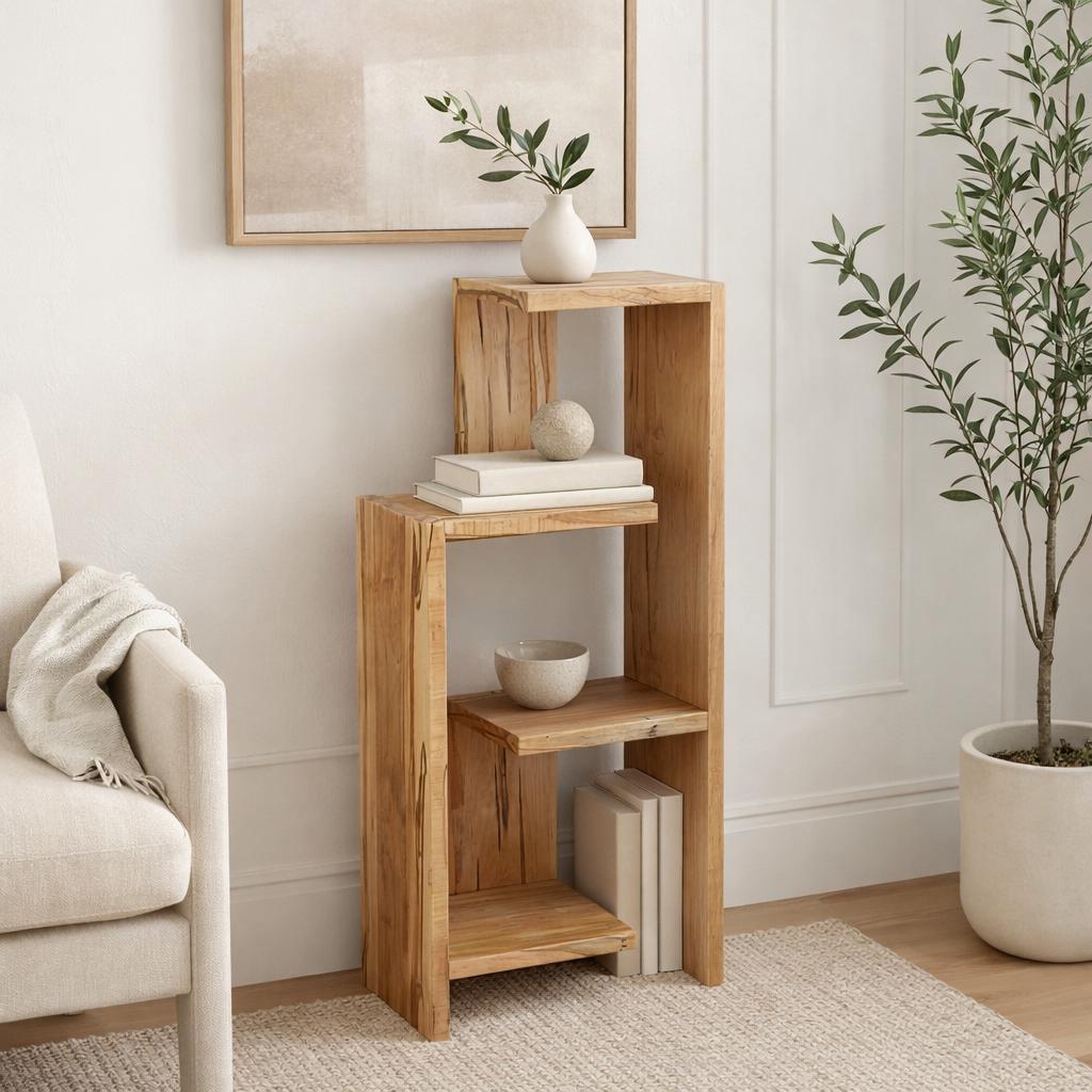 Handcrafted Solid Maple Wood Multi-Tiered Mid Mod Bookshelf