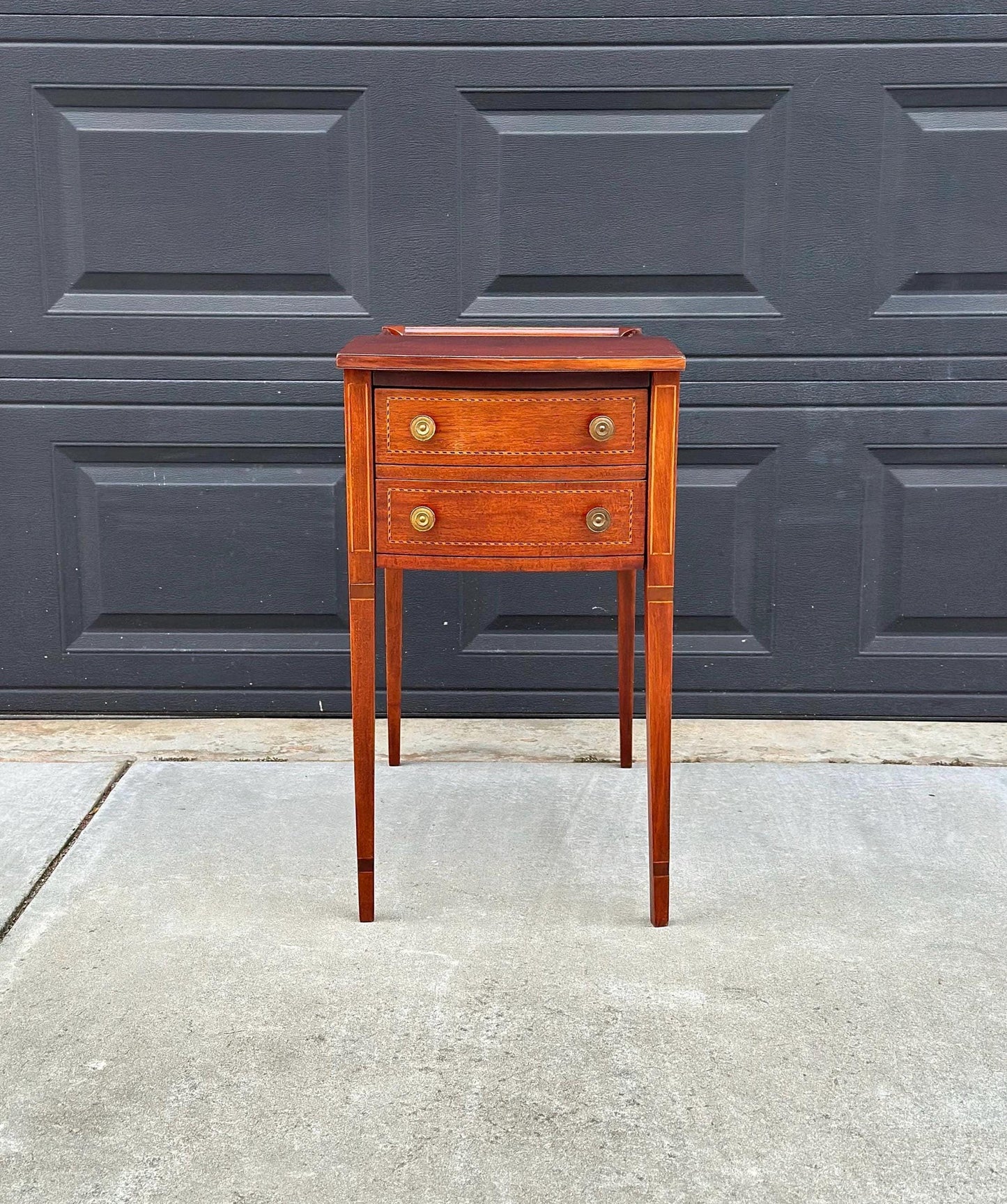 Antique Early 1900's Banded Mahogany Wood Two Drawer Open Shelf Sheraton Accent Table