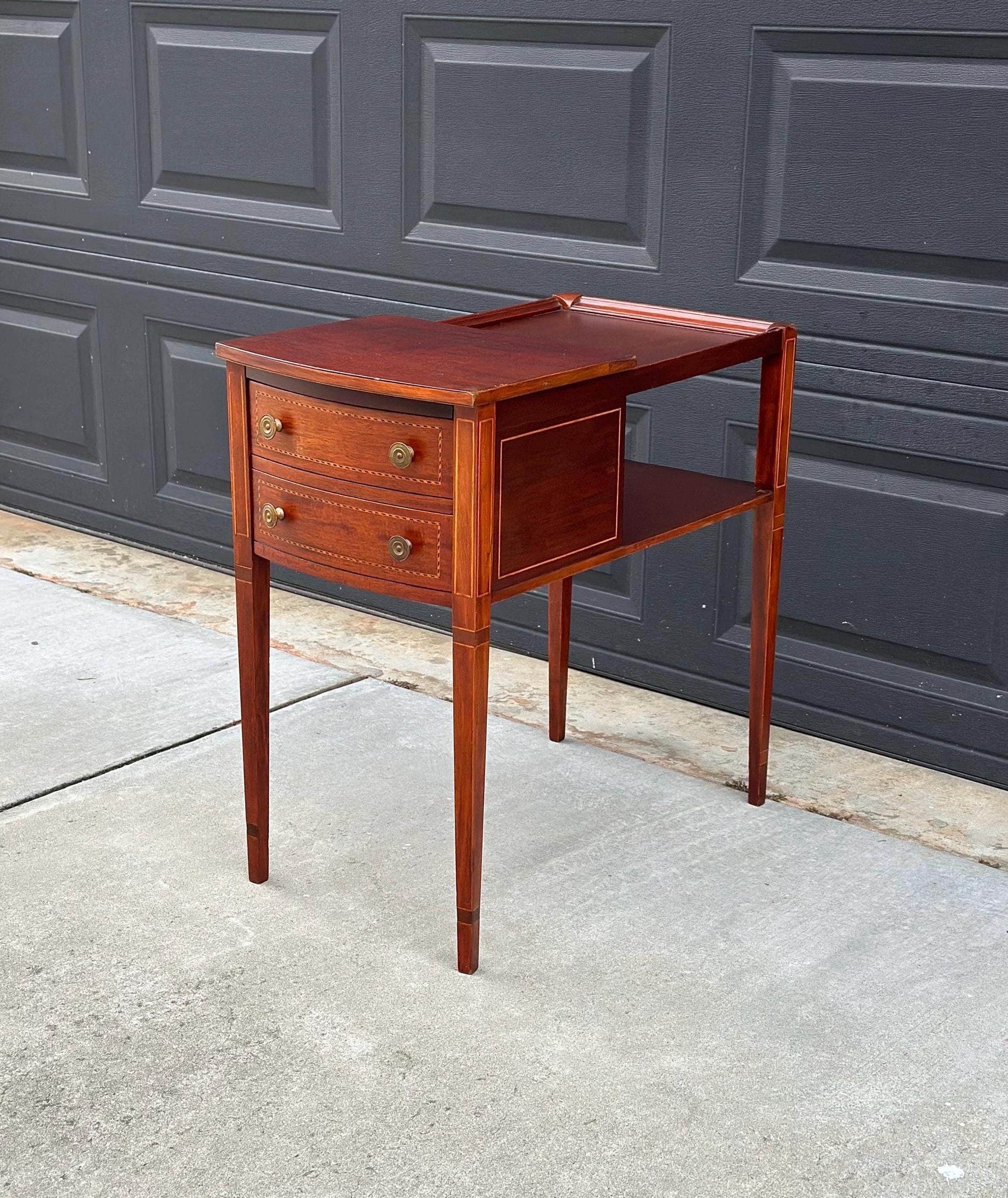 Antique Early 1900's Banded Mahogany Wood Two Drawer Open Shelf Sheraton Accent Table