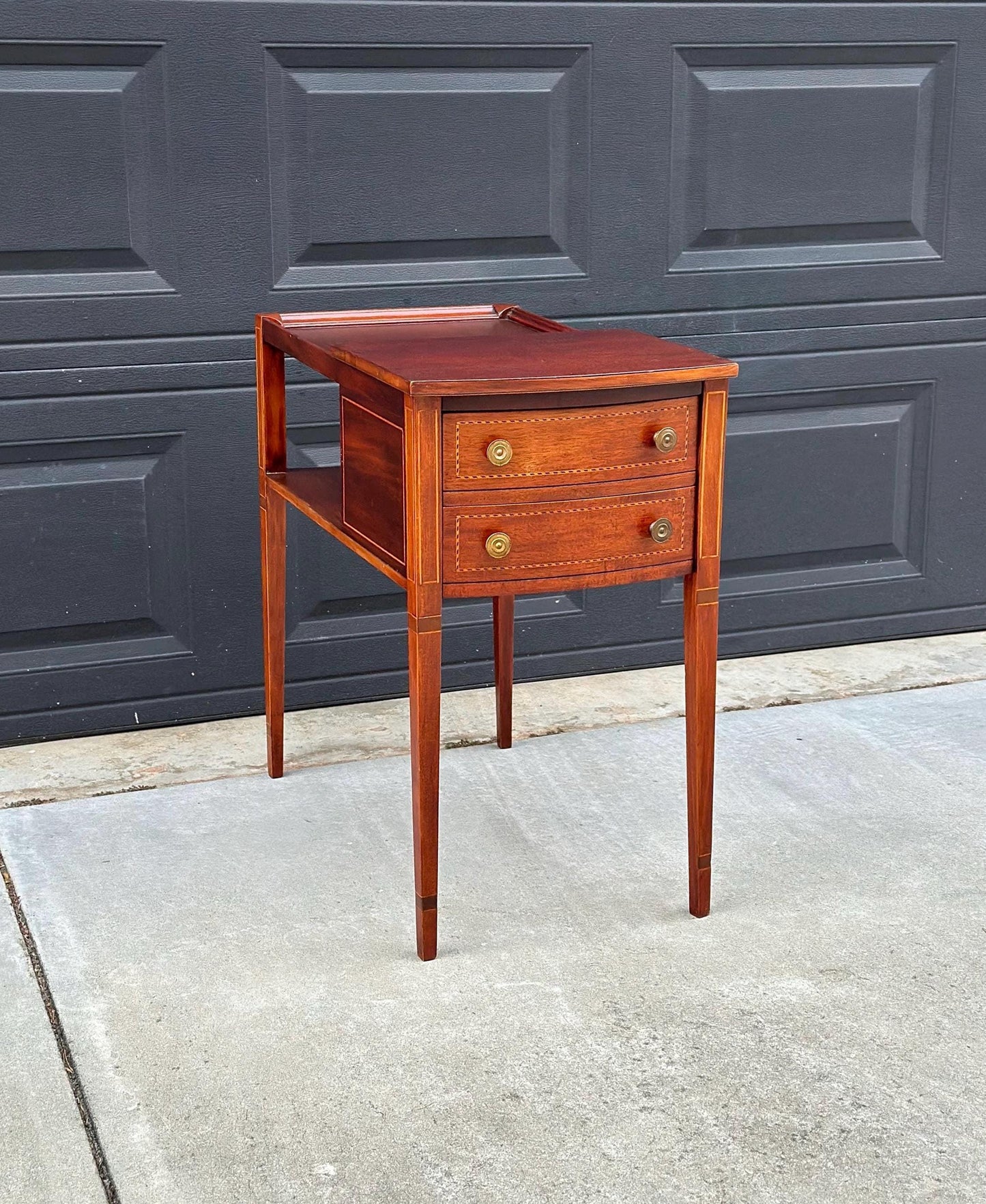 Antique Early 1900's Banded Mahogany Wood Two Drawer Open Shelf Sheraton Accent Table