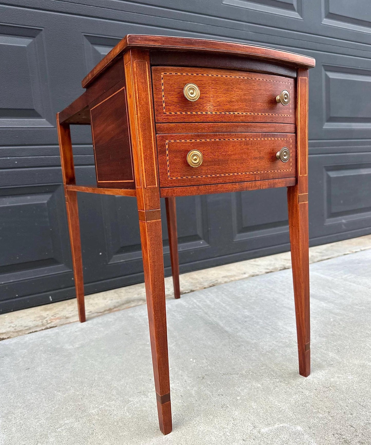 Antique Early 1900's Banded Mahogany Wood Two Drawer Open Shelf Sheraton Accent Table