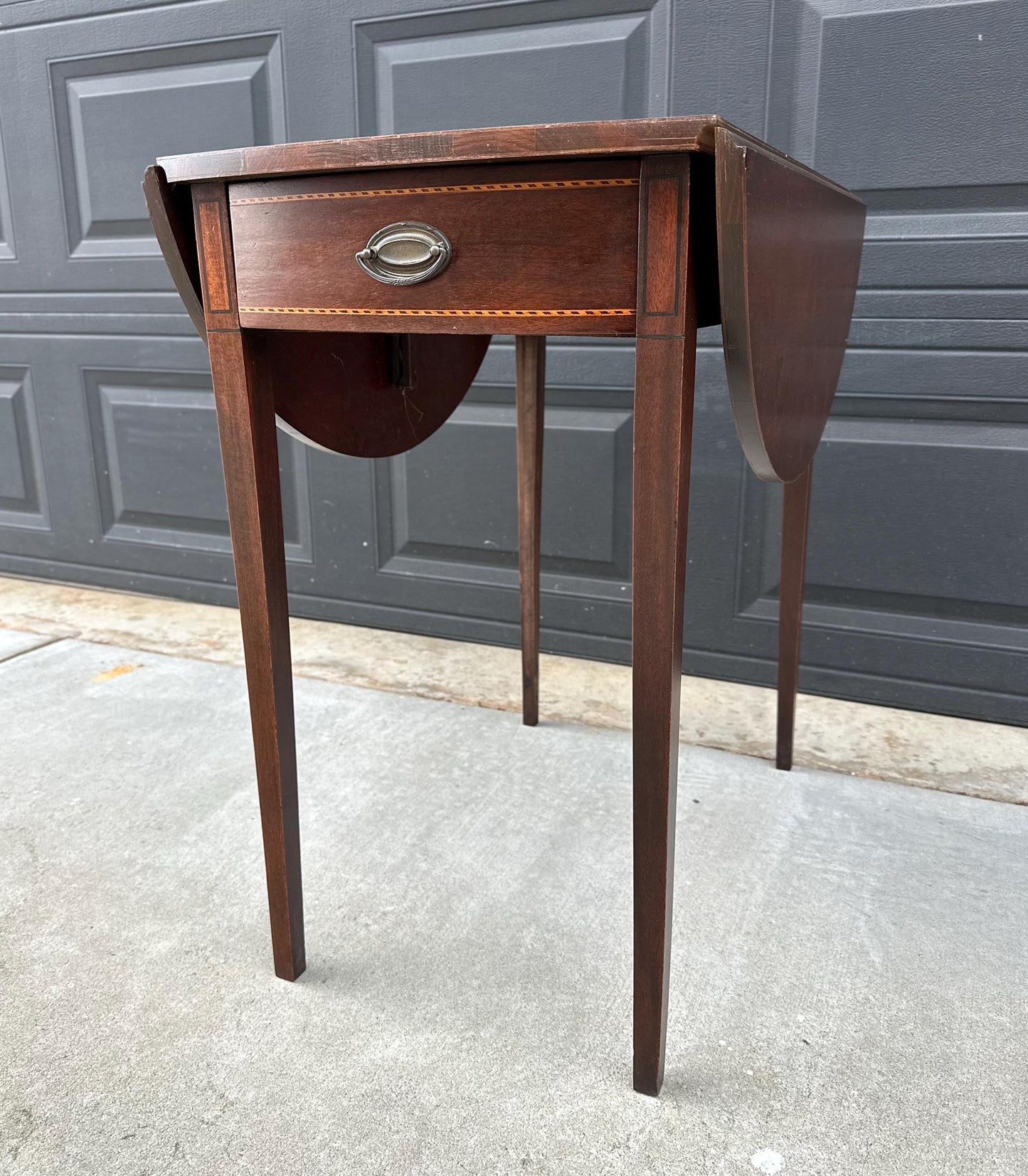 Antique Early 1900's Inlaid Mahogany Wood Single Drawer Drop Leaf Extending Accent Table