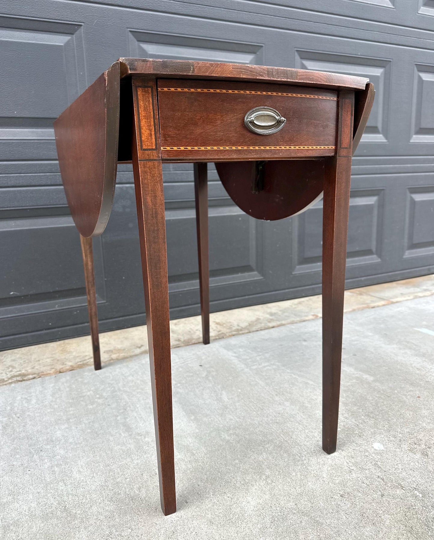 Antique Early 1900's Inlaid Mahogany Wood Single Drawer Drop Leaf Extending Accent Table