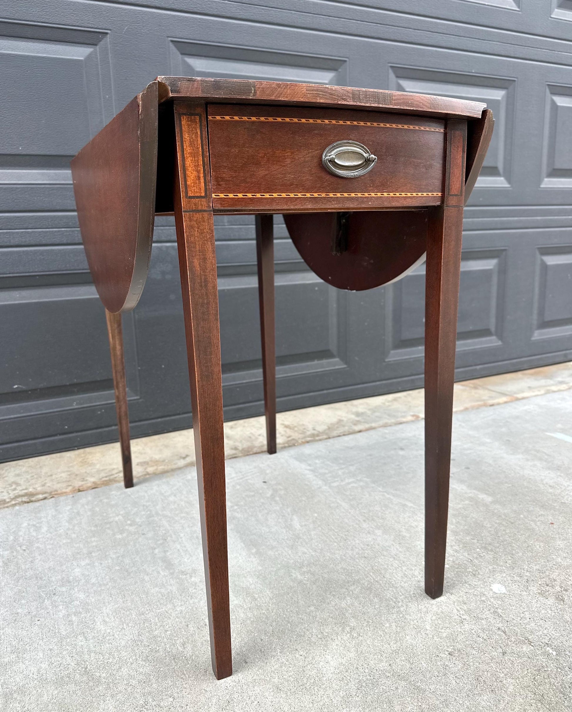 Antique Early 1900's Inlaid Mahogany Wood Single Drawer Drop Leaf Extending Accent Table