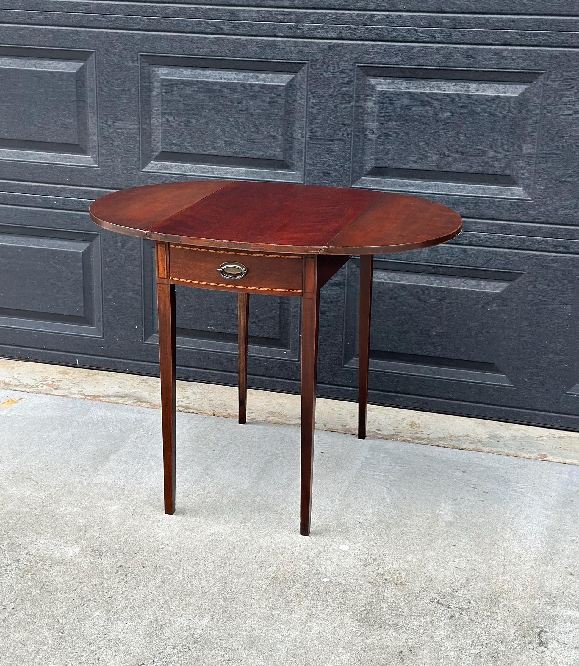 Antique Early 1900's Inlaid Mahogany Wood Single Drawer Drop Leaf Extending Accent Table