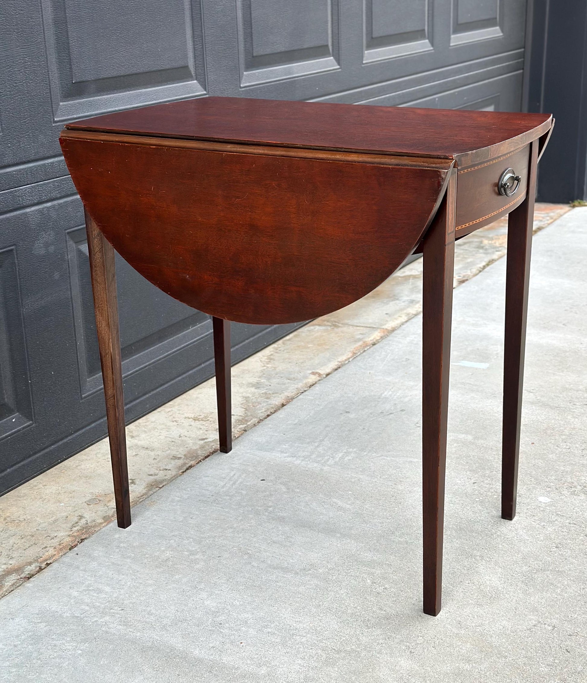 Antique Early 1900's Inlaid Mahogany Wood Single Drawer Drop Leaf Extending Accent Table