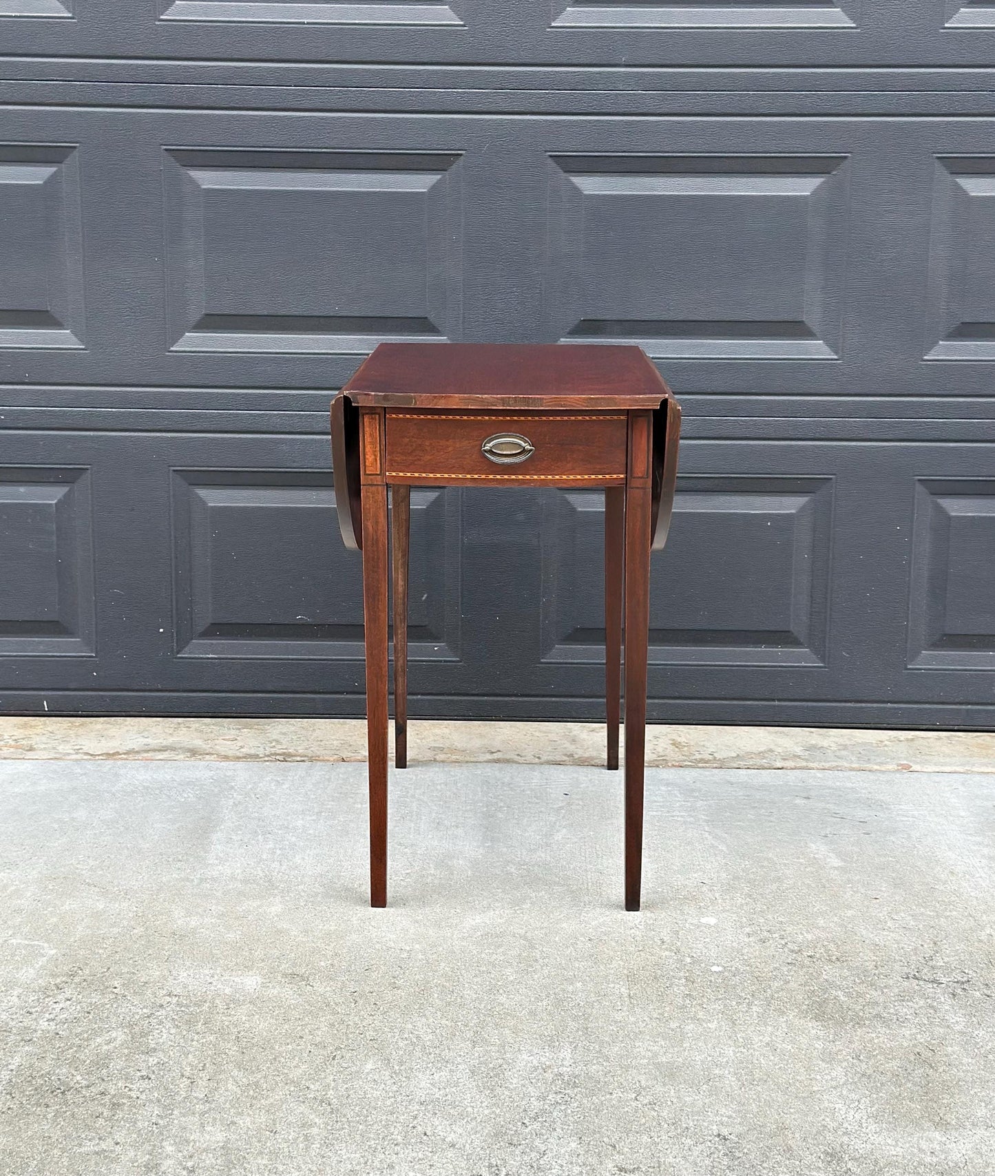 Antique Early 1900's Inlaid Mahogany Wood Single Drawer Drop Leaf Extending Accent Table