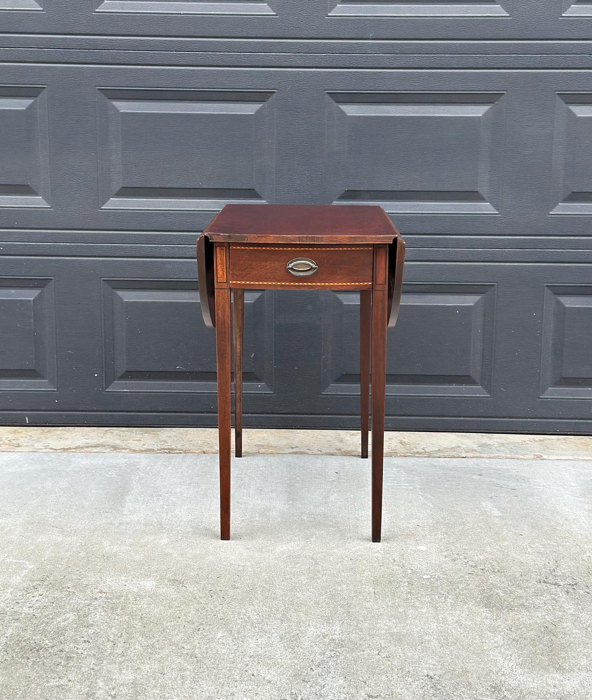 Antique Early 1900's Inlaid Mahogany Wood Single Drawer Drop Leaf Extending Accent Table