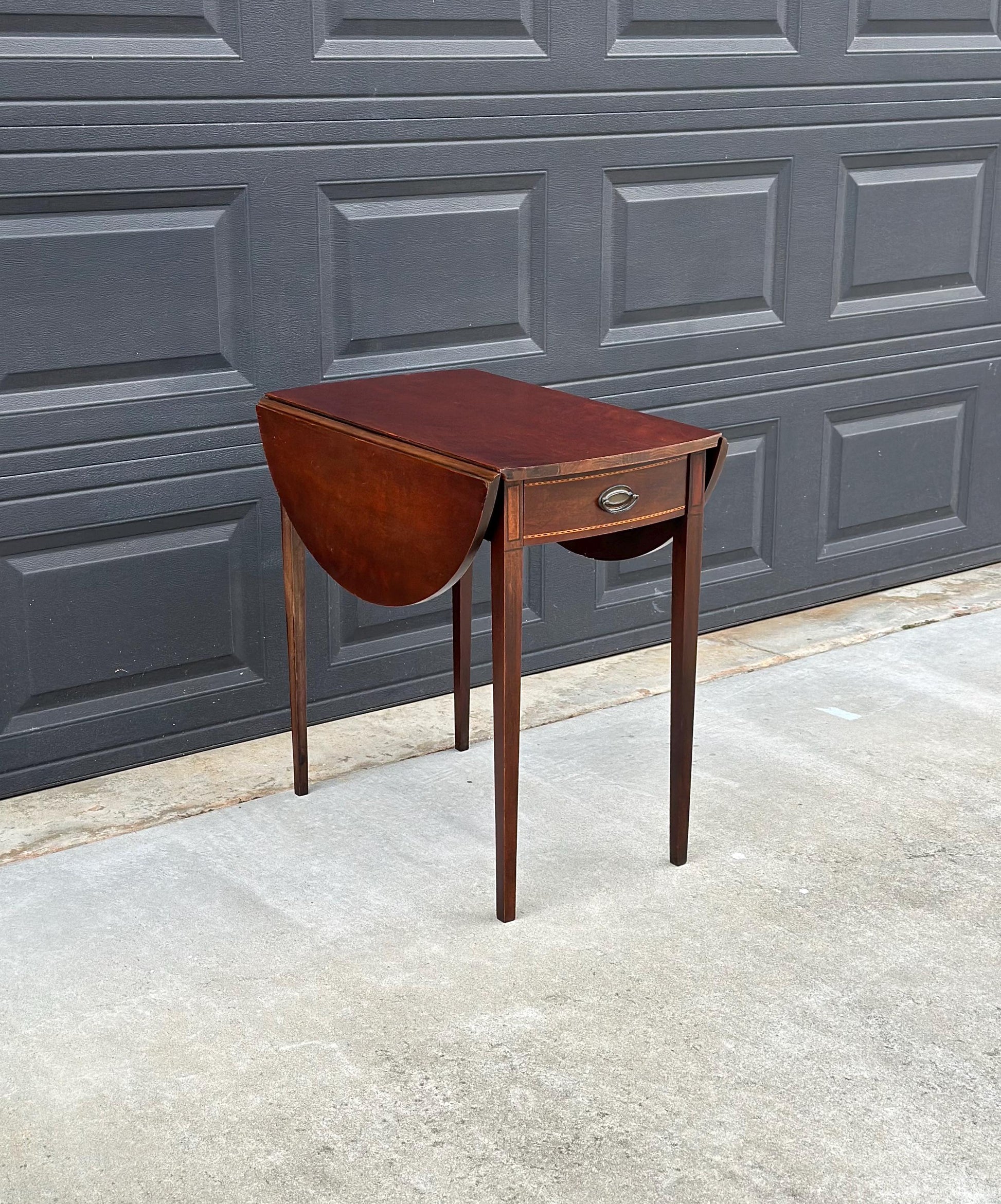 Antique Early 1900's Inlaid Mahogany Wood Single Drawer Drop Leaf Extending Accent Table