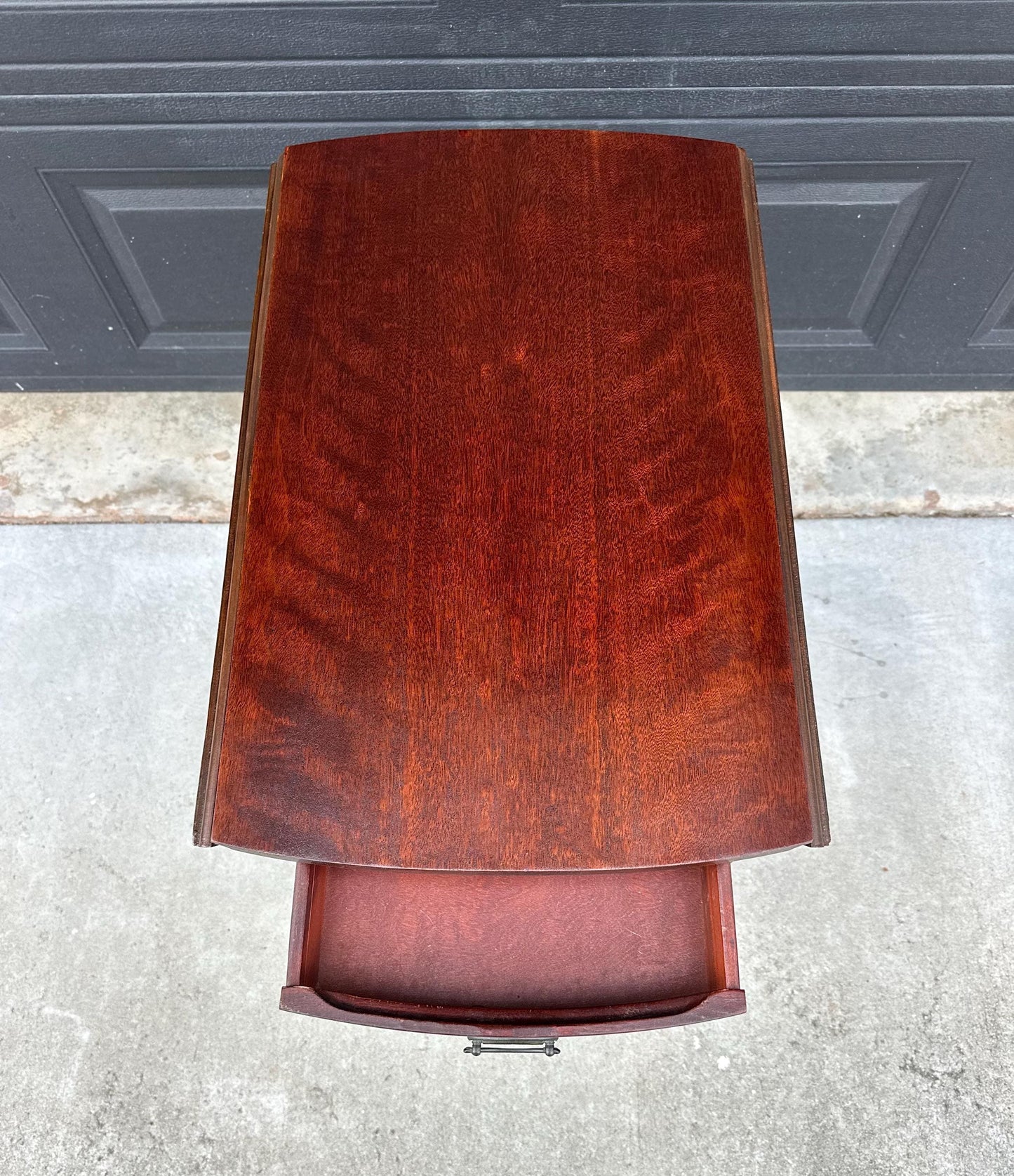 Antique Early 1900's Inlaid Mahogany Wood Single Drawer Drop Leaf Extending Accent Table