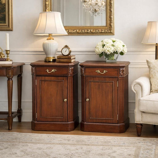 Vintage Mid 1900's Single Drawer Mahogany Wood Nightstands with Cabinet – a Pair