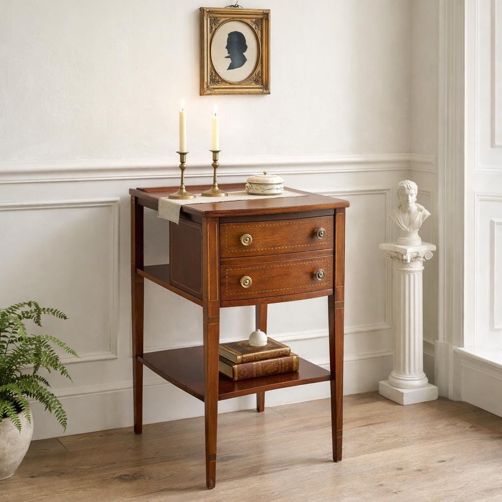 Antique Early 1900's Banded Mahogany Wood Two Drawer Open Shelf Sheraton Accent Table