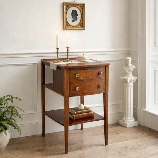 Antique Early 1900's Banded Mahogany Wood Two Drawer Open Shelf Sheraton Accent Table