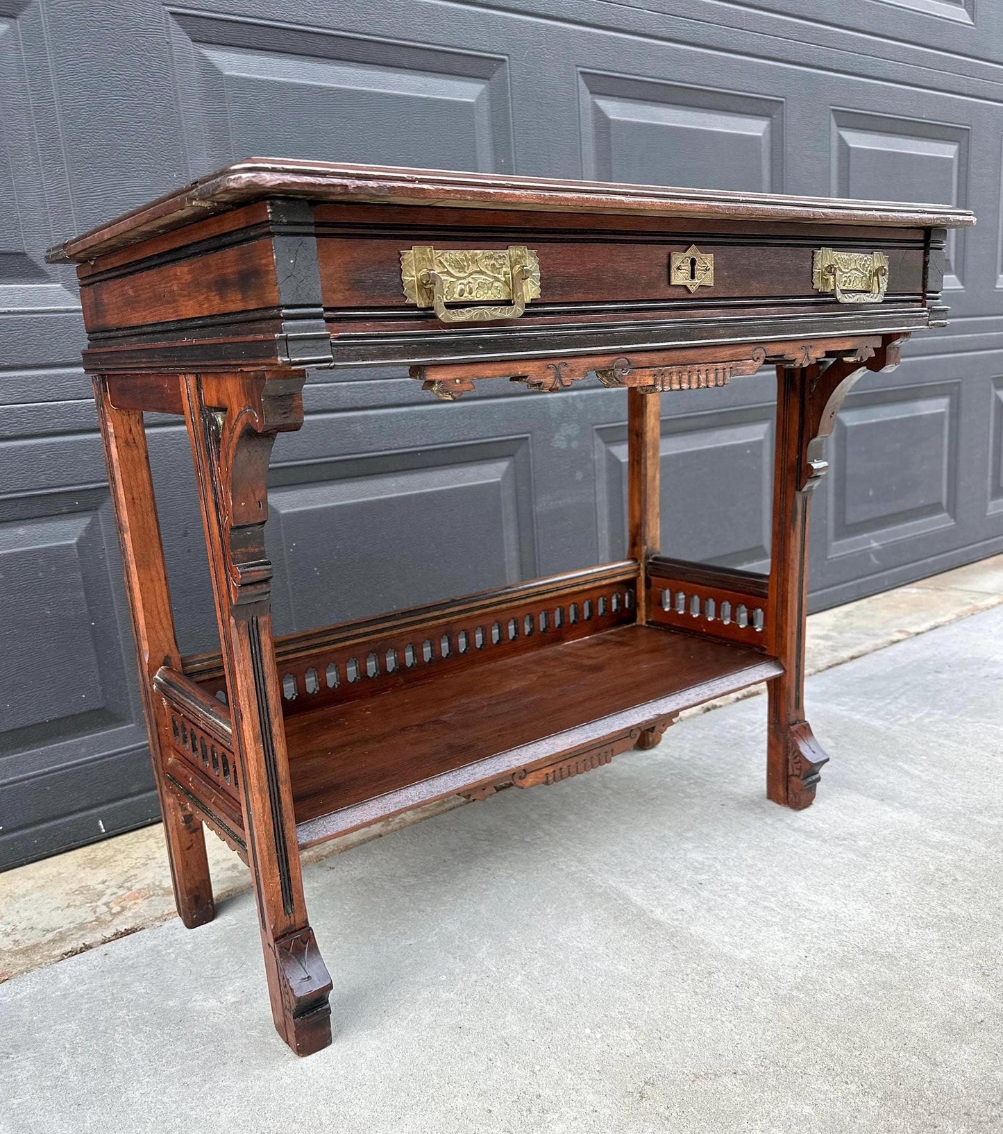 Antique Mid 1800's Walnut Eastlake Single Drawer Solid Wood Accent Entry Table