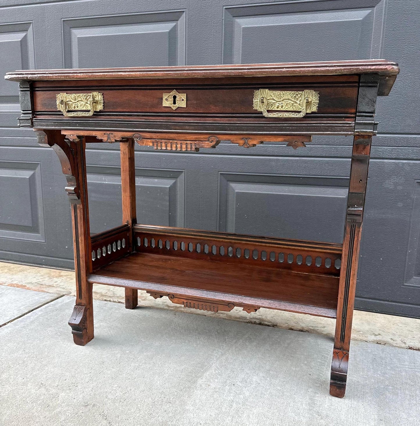 Antique Mid 1800's Walnut Eastlake Single Drawer Solid Wood Accent Entry Table