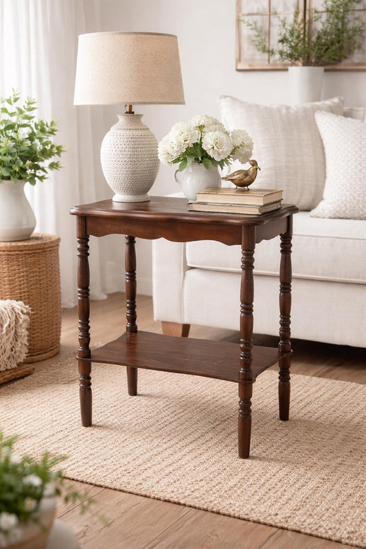Antique Mid 1900's Solid Wood Spindle Leg Small Scalloped Accent Table