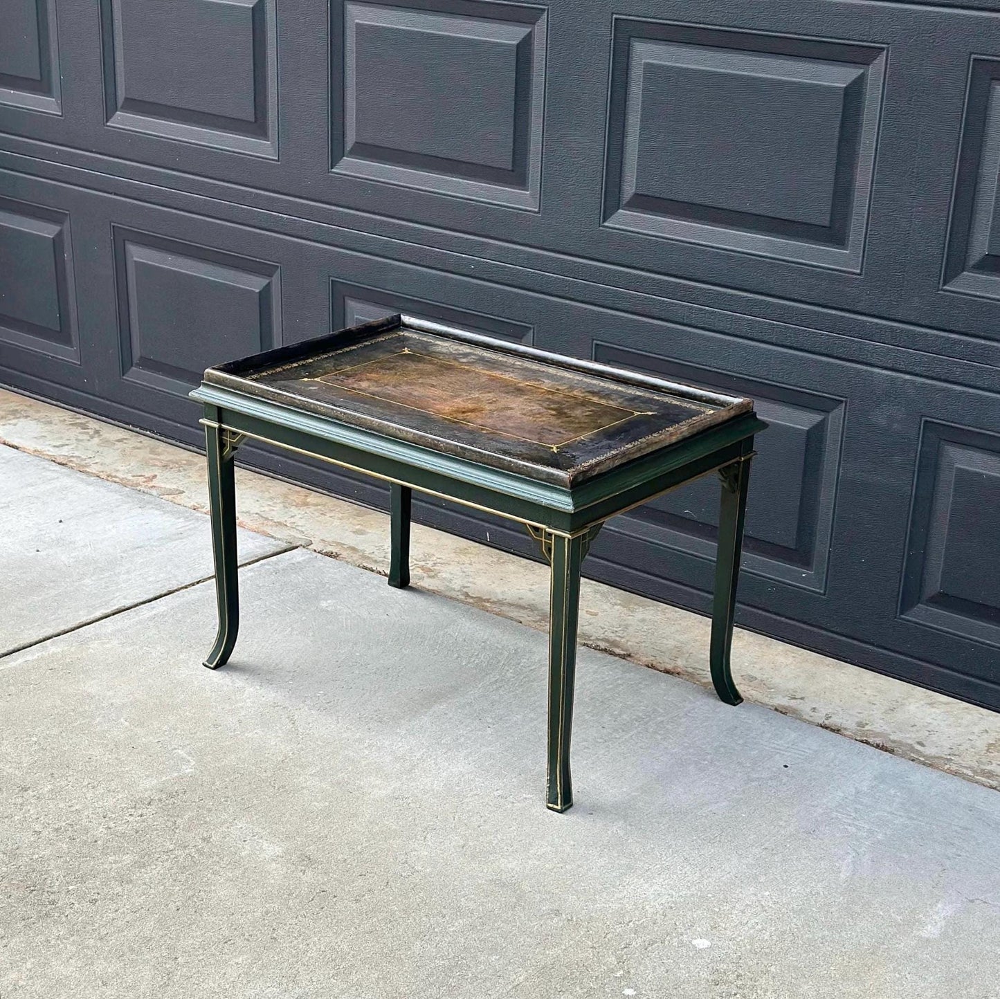Vintage Mid 1900's Black Leather Top Green & Gold Coffee Table
