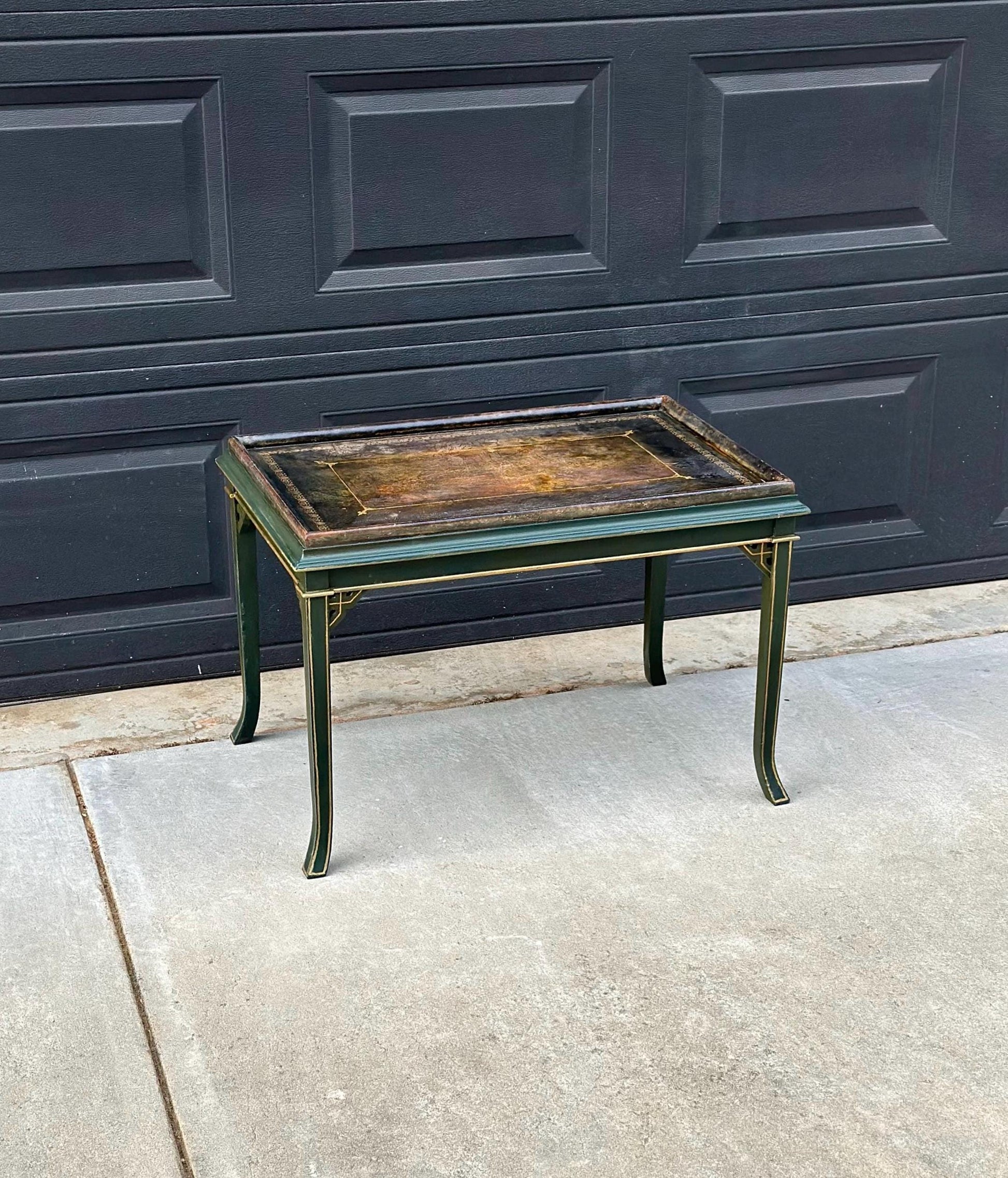 Vintage Mid 1900's Black Leather Top Green & Gold Coffee Table