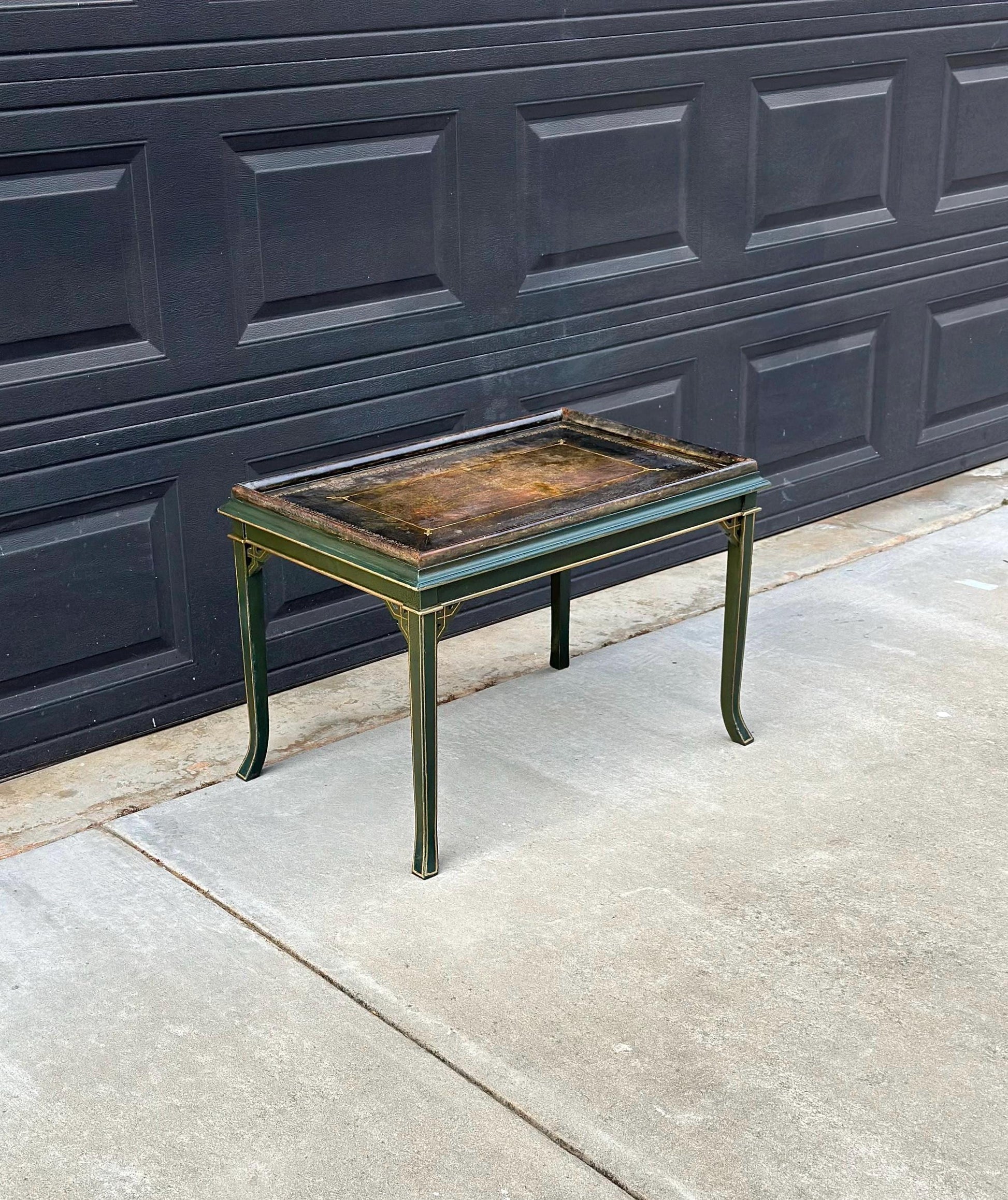 Vintage Mid 1900's Black Leather Top Green & Gold Coffee Table