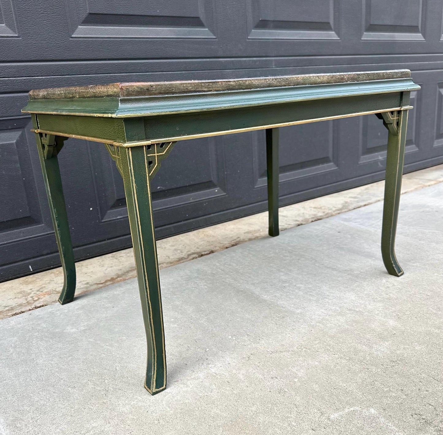 Vintage Mid 1900's Black Leather Top Green & Gold Coffee Table