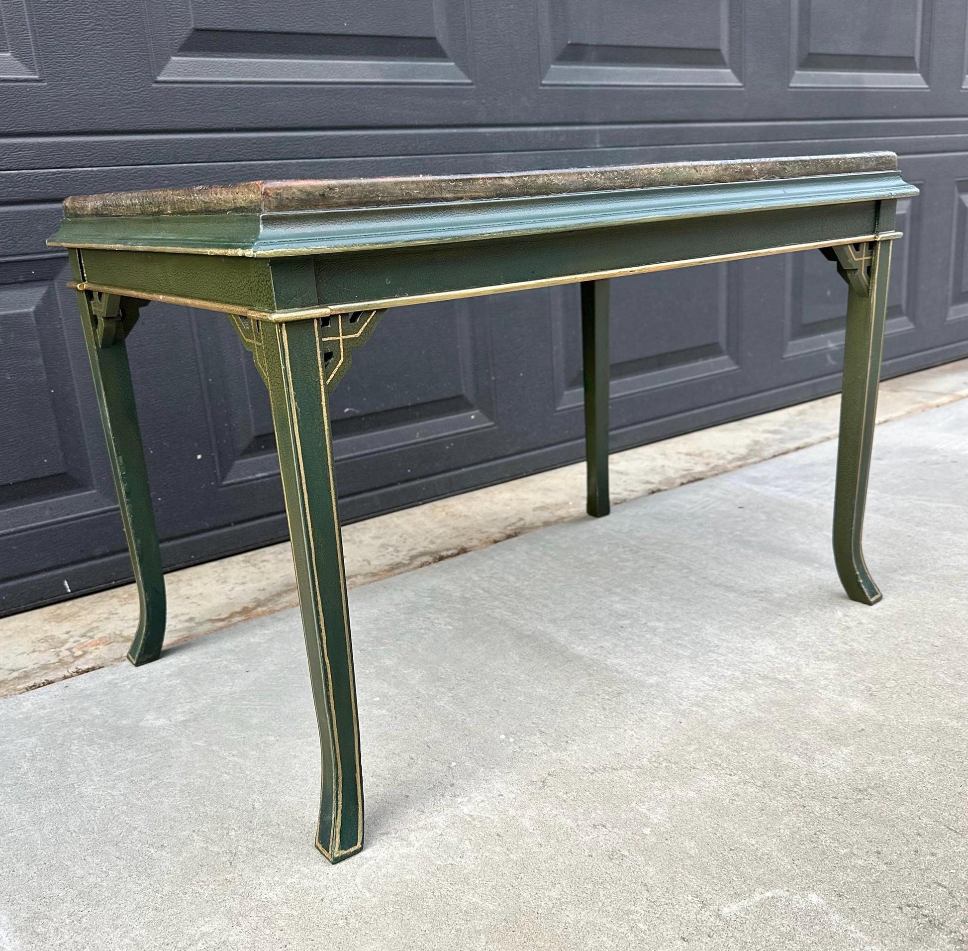 Vintage Mid 1900's Black Leather Top Green & Gold Coffee Table