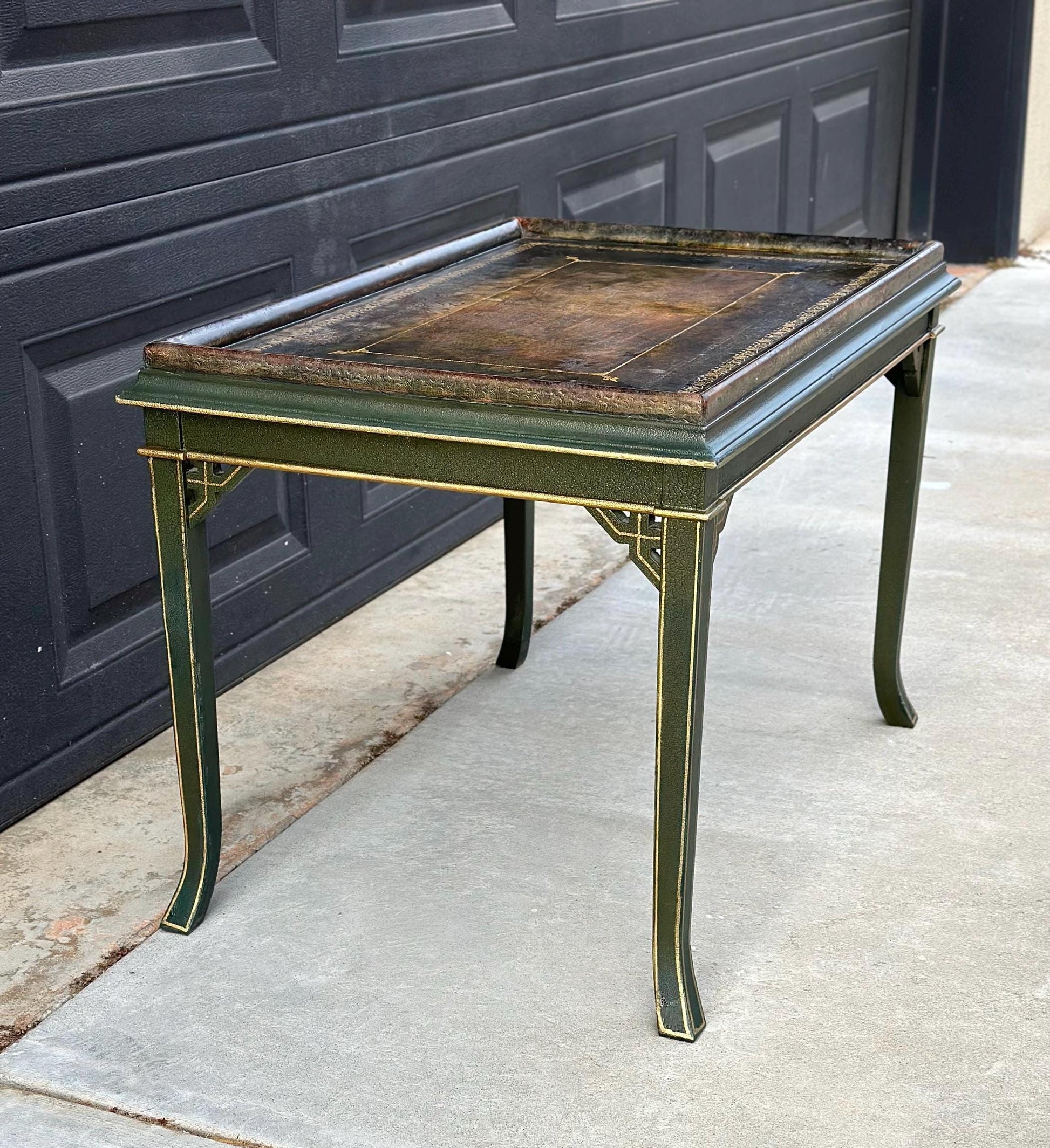 Vintage Mid 1900's Black Leather Top Green & Gold Coffee Table
