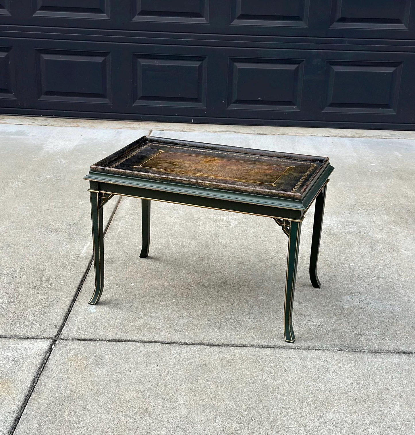Vintage Mid 1900's Black Leather Top Green & Gold Coffee Table