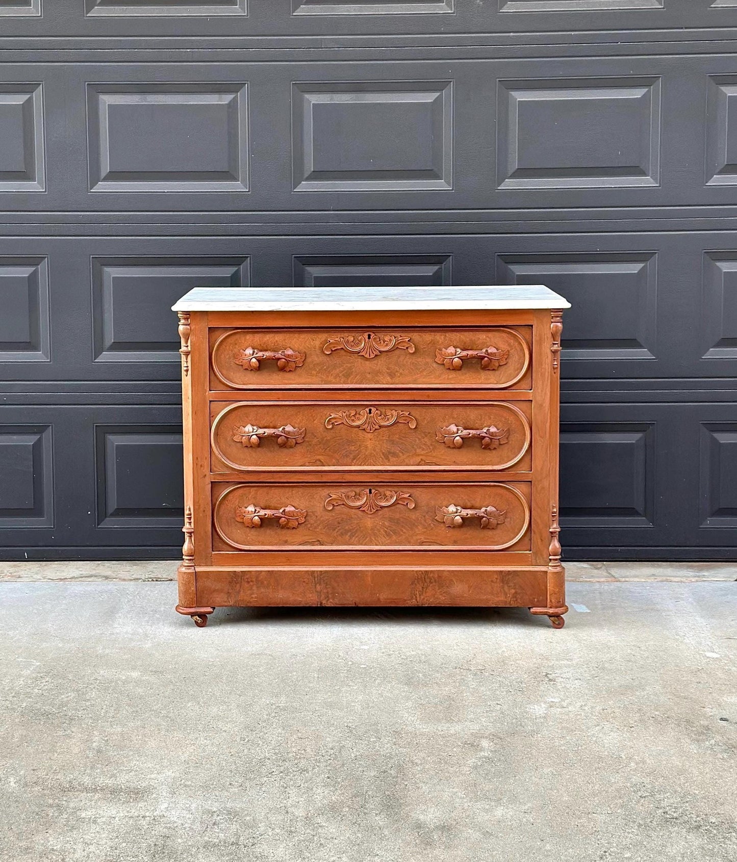 Antique Late 1800's Bookmatched Walnut Wood & White Marble Three Drawer Victorian Dresser on Casters