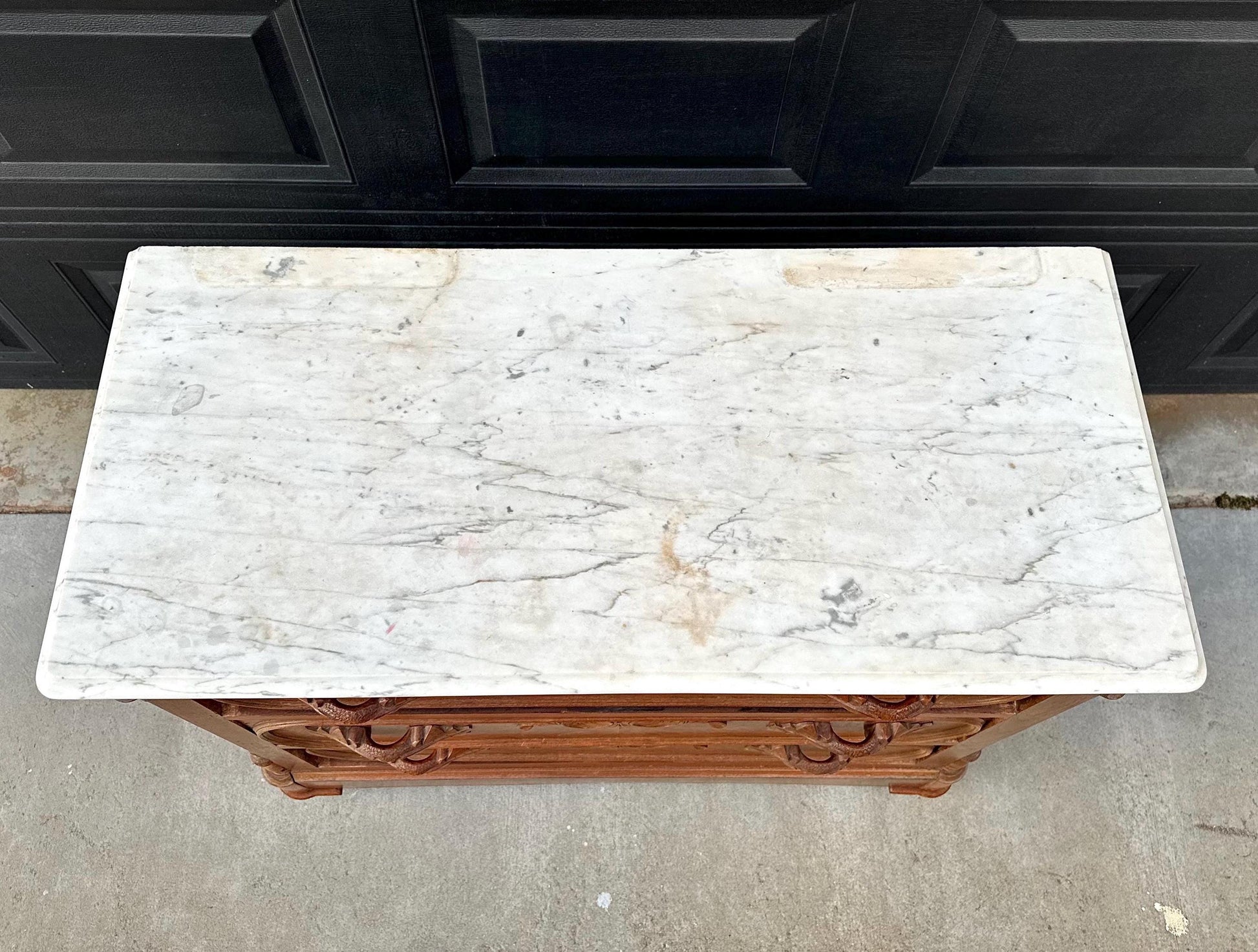 Antique Late 1800's Bookmatched Walnut Wood & White Marble Three Drawer Victorian Dresser on Casters