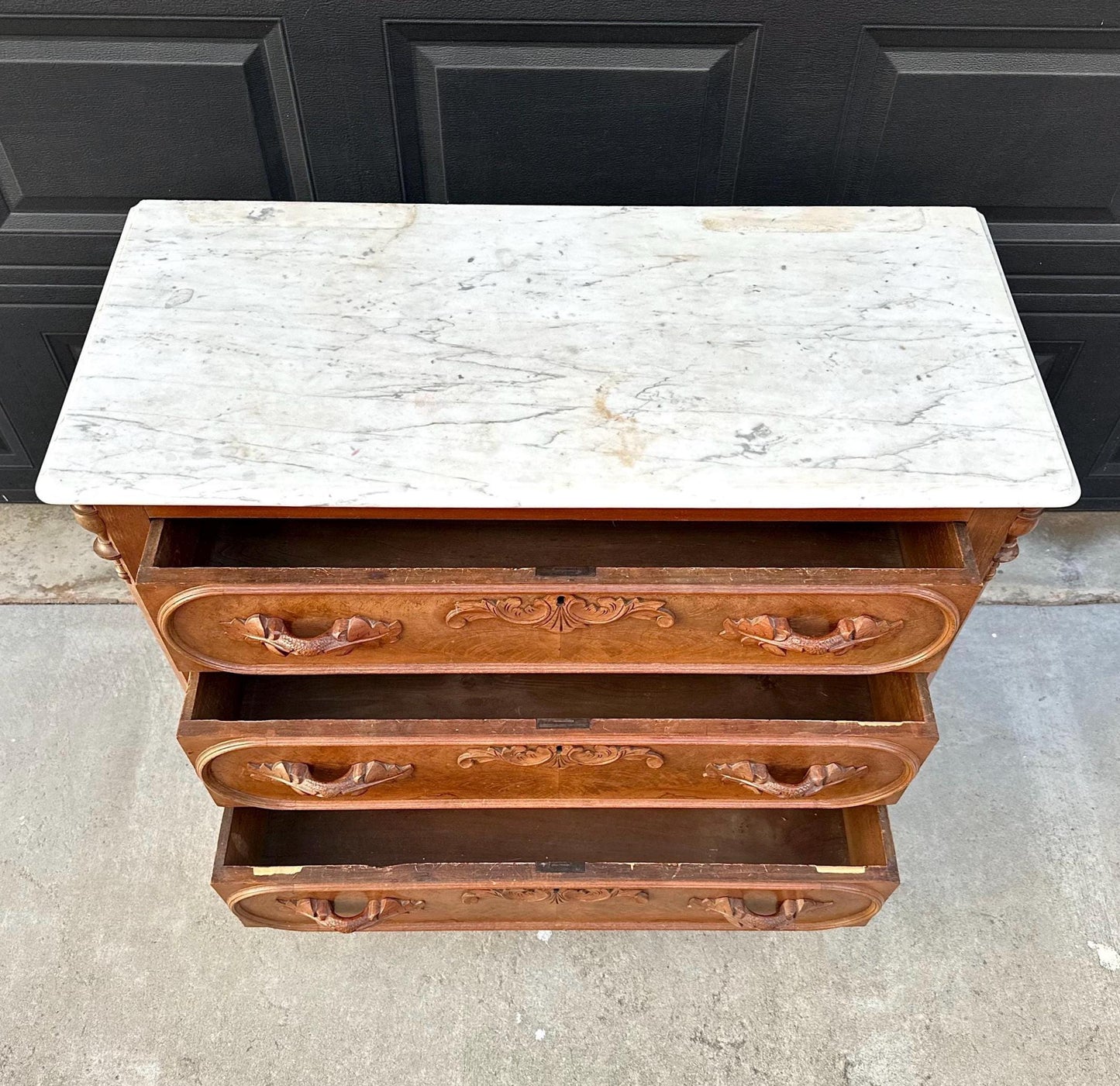 Antique Late 1800's Bookmatched Walnut Wood & White Marble Three Drawer Victorian Dresser on Casters